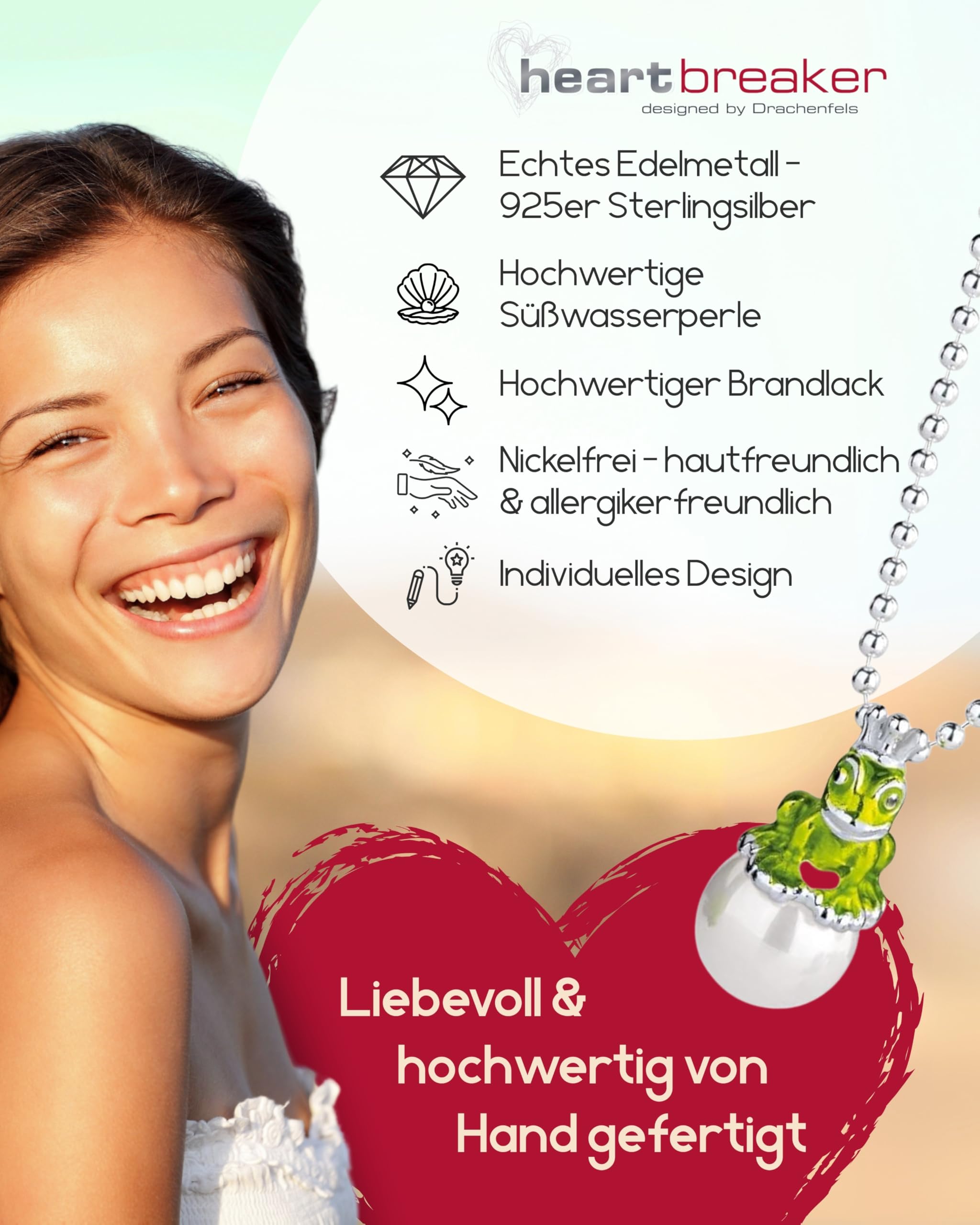 Heartbreaker "Froggy" Frosch-Anhänger I Edler Kettenanhänger aus 925 Sterling Silber I Nickelfreier Silber-Anhänger mit Muschelkernperle I In Goldschmiedequalität gefertigt I LD MN 38