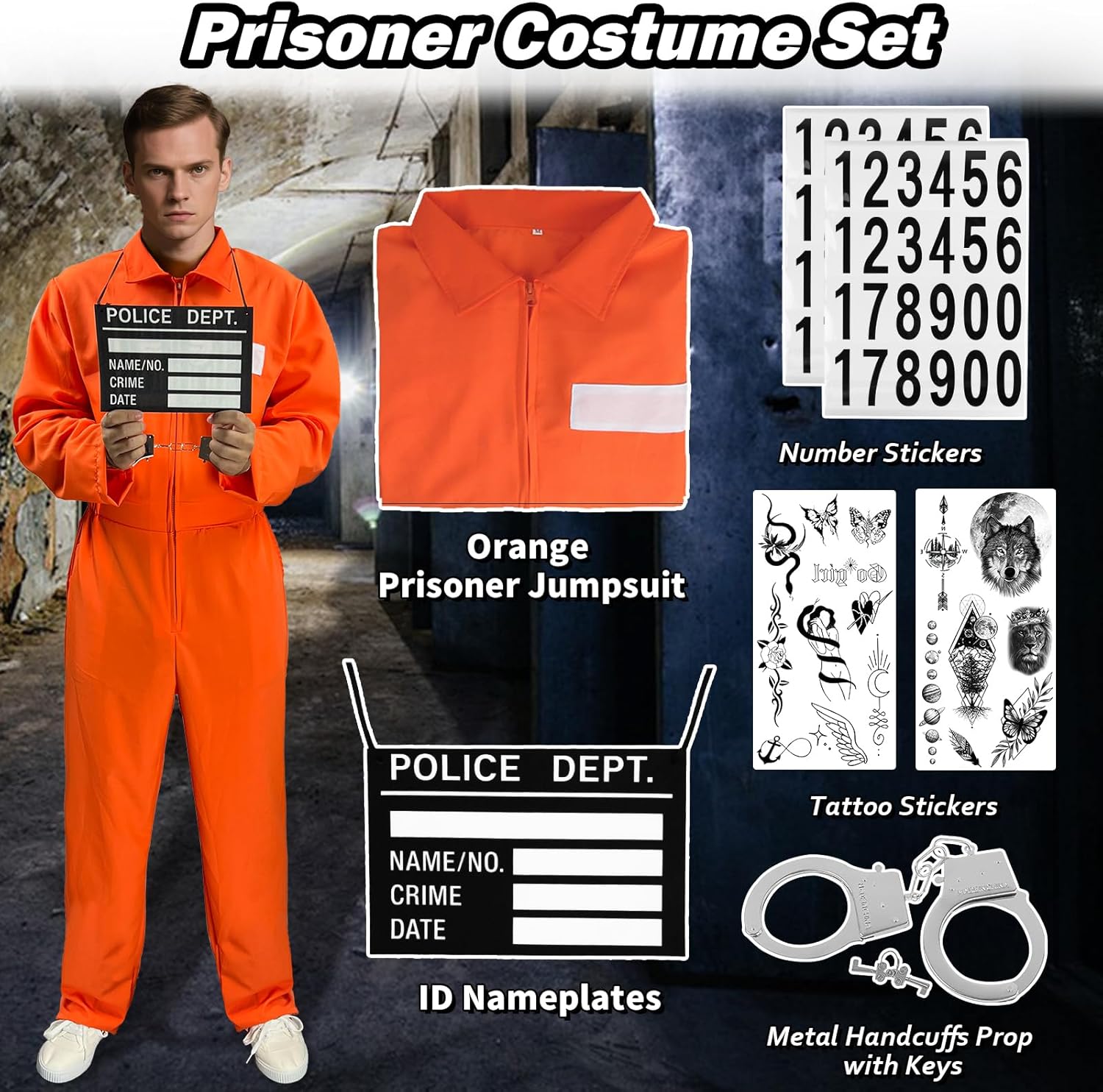 Prisoner Costume Men Orange Prisoner Jumpsuit Adult Jail Costume Halloween Cosplay Inmate Costume Set - Image 2