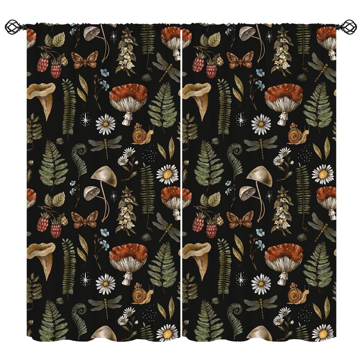 KANEPE Mushroom Curtains, Woodland Nature Botanical Mushroom Print Blackout Window Treatments, Rod Pocket Thermal Insulated Drapes 2 Panel Sets for
