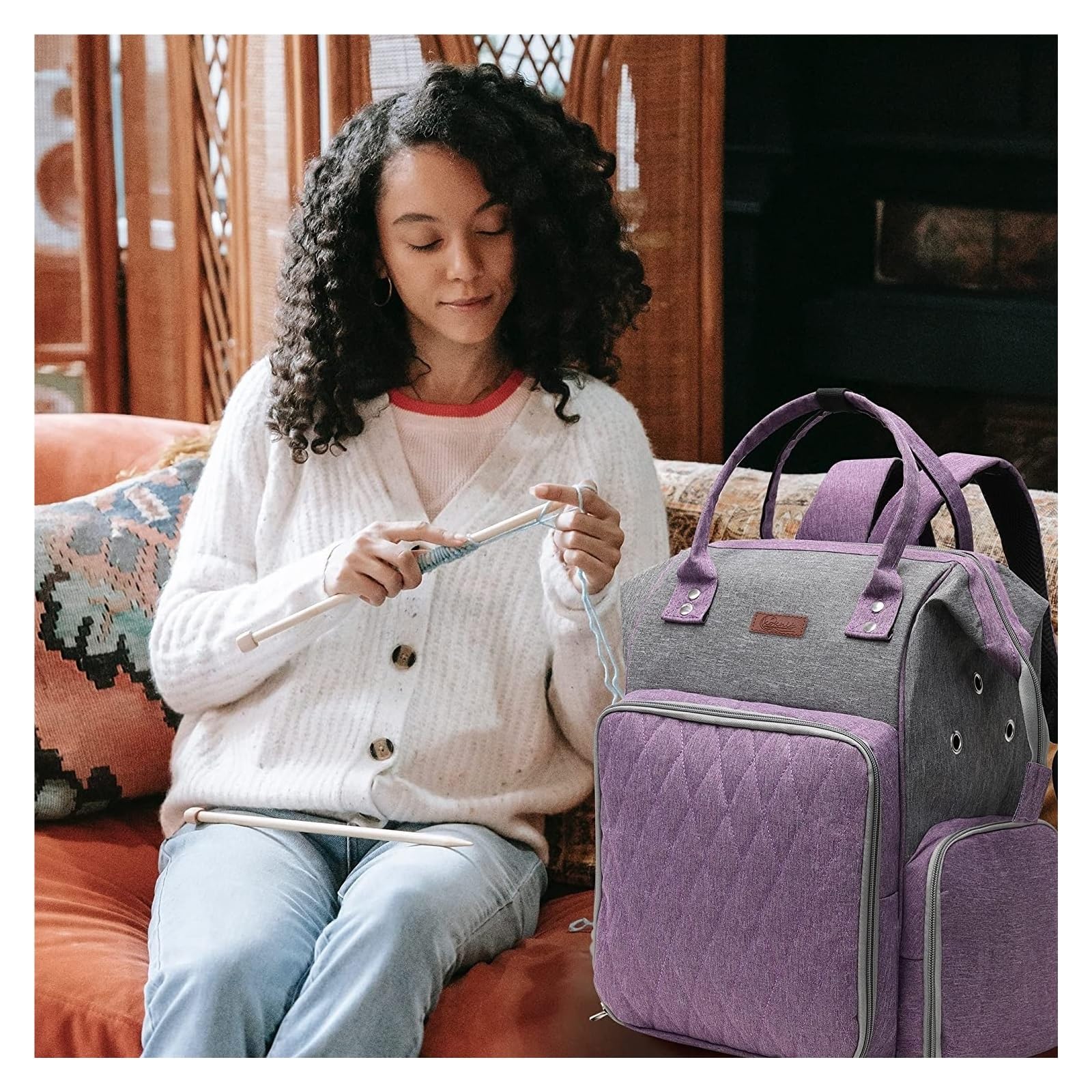 Organizador De Crochet Mochila organizadora de almacenamiento de crochet, bolsas portátiles for tejer, bolsas con divisor interior, almacenamiento de hilo de lana, agujas de radios(PURPLE)