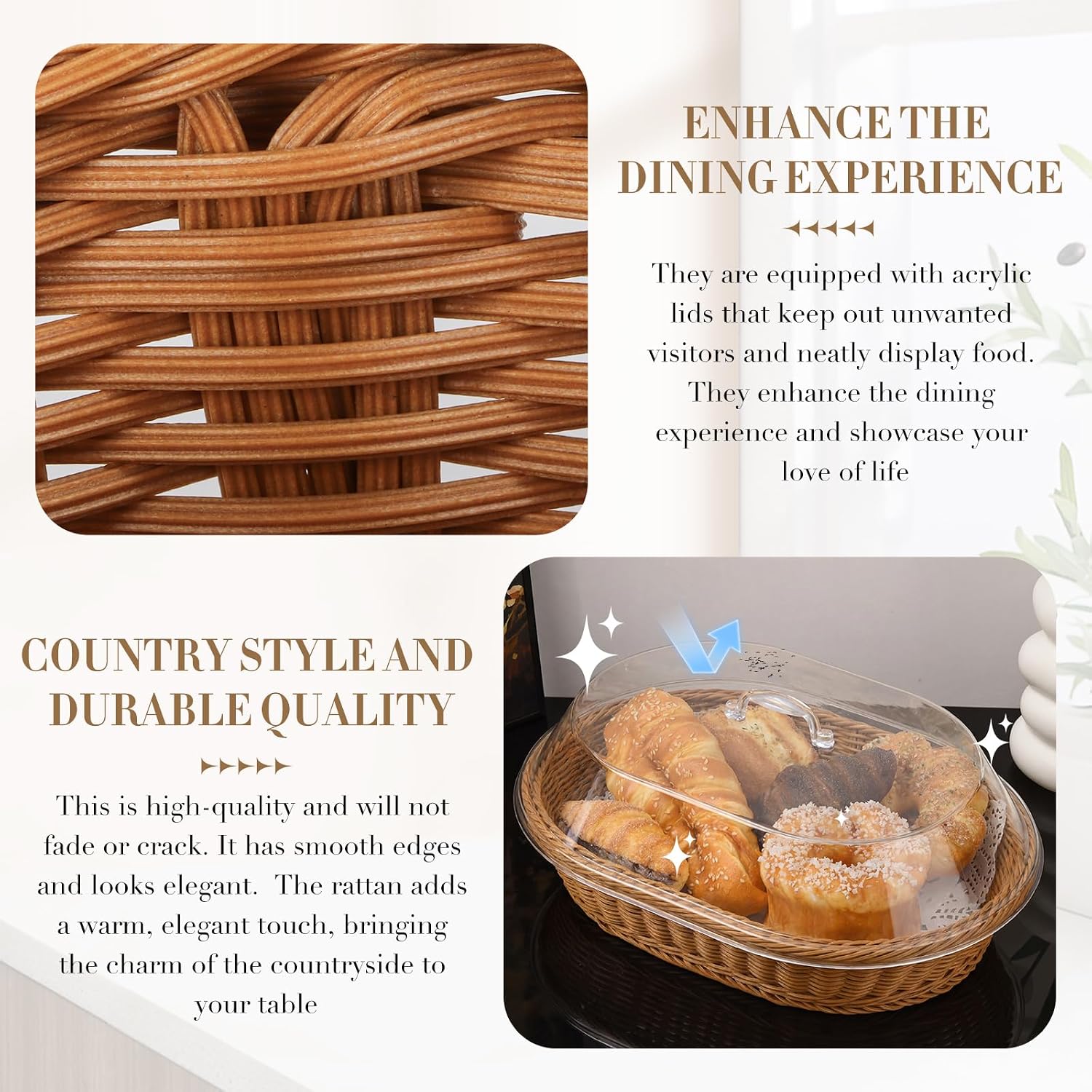 2 PCS oval woven baskets with acrylic lids,bread basket with lid, 15.75 x 11.81 inches Inches, with Stainless Steel Tongs, rattan bread basket with lid Lace Doilies, for Bread, Fruit, Food Display