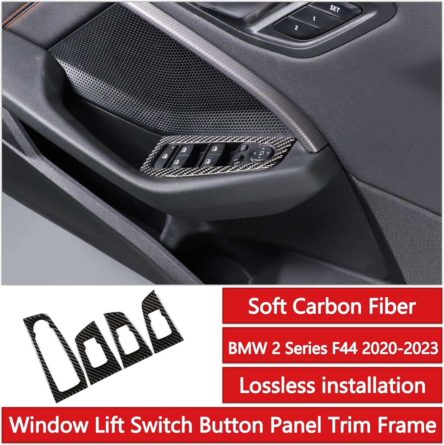 Window Lift Switch Panel Trim Frame Compatible with BMW 2 Series F44 2020-2023 Soft Carbon Fiber 4PCS Window Lift Switch Panel Cover Trim Accessories (Black Carbon)