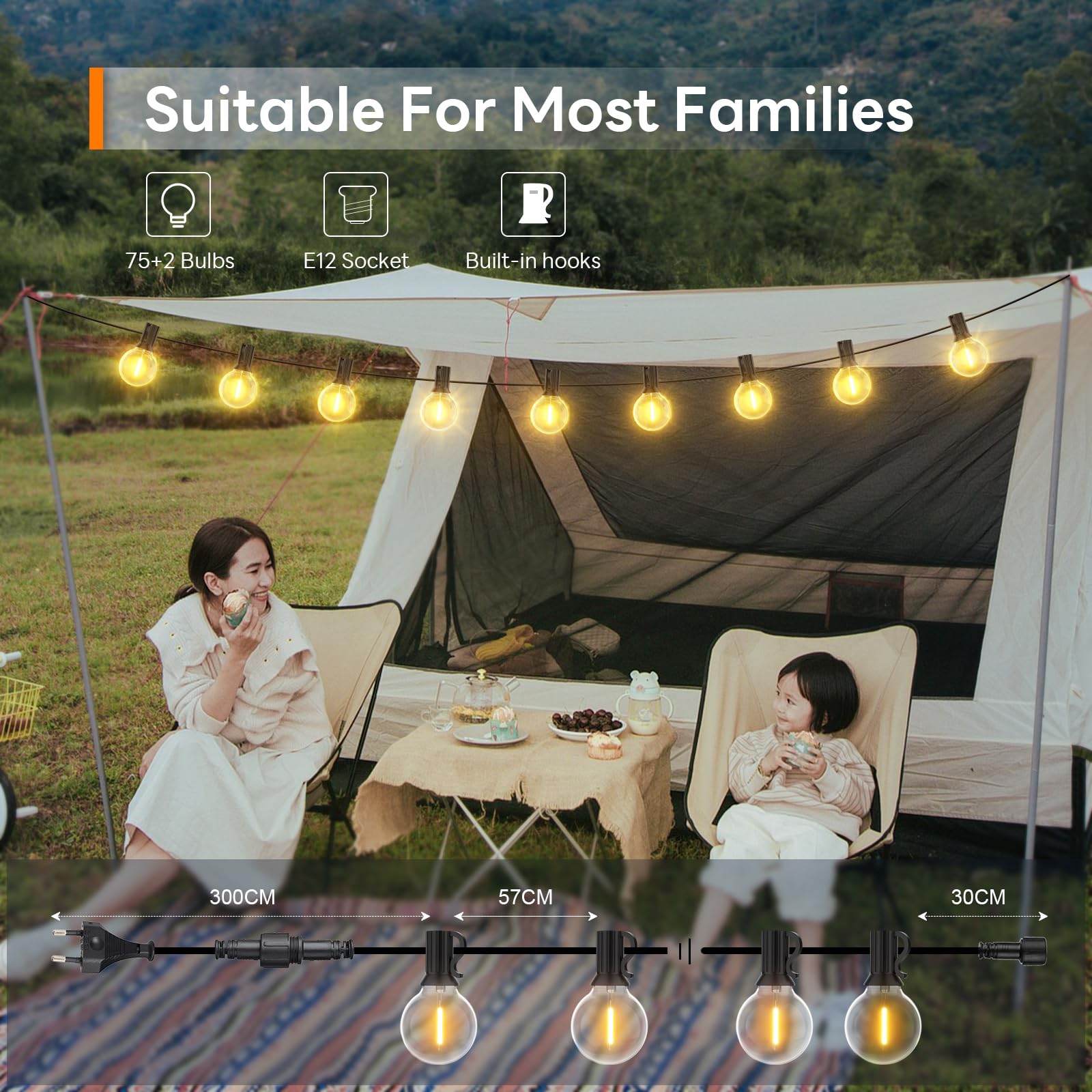 FANSANMY Catena Luminosa Esterno, 45,7M Luci da Esterno 75+2 lampadine, IP45 Impermeabile, Catena Luci Esterno e Interno per Matrimonio, Giardino, Box Auto, Feste, Natale, Piscina