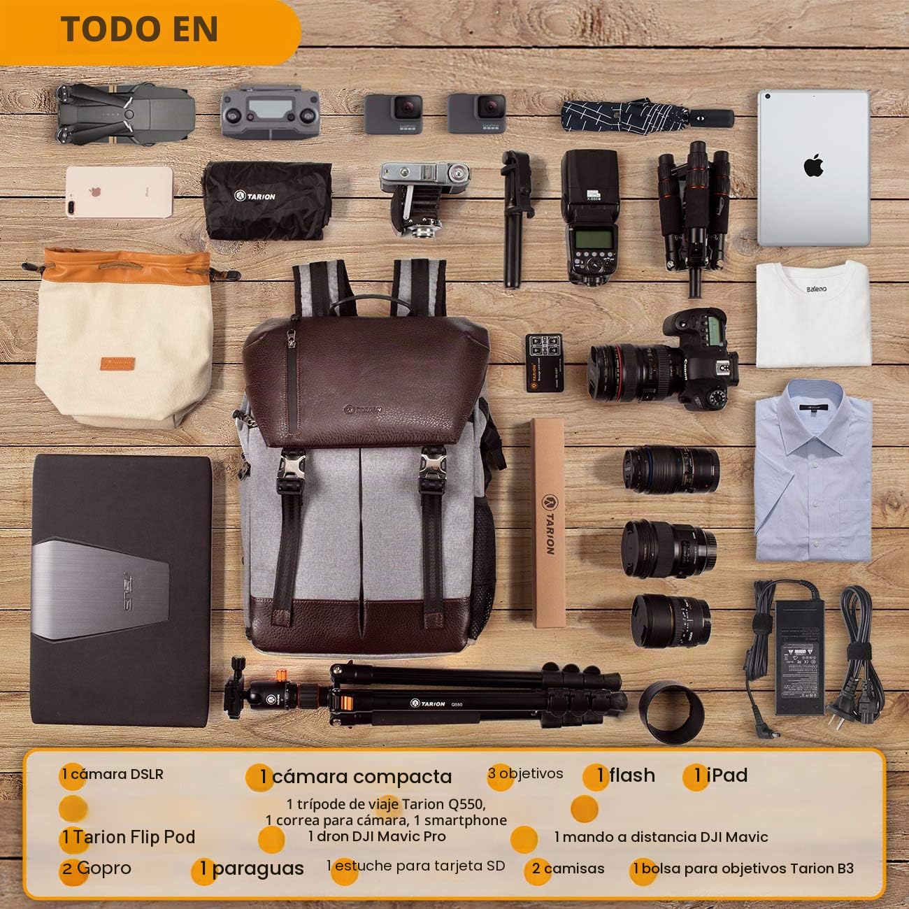 TARION Mochila para cámara con trípode y tableta con cubierta impermeable para lluvia
