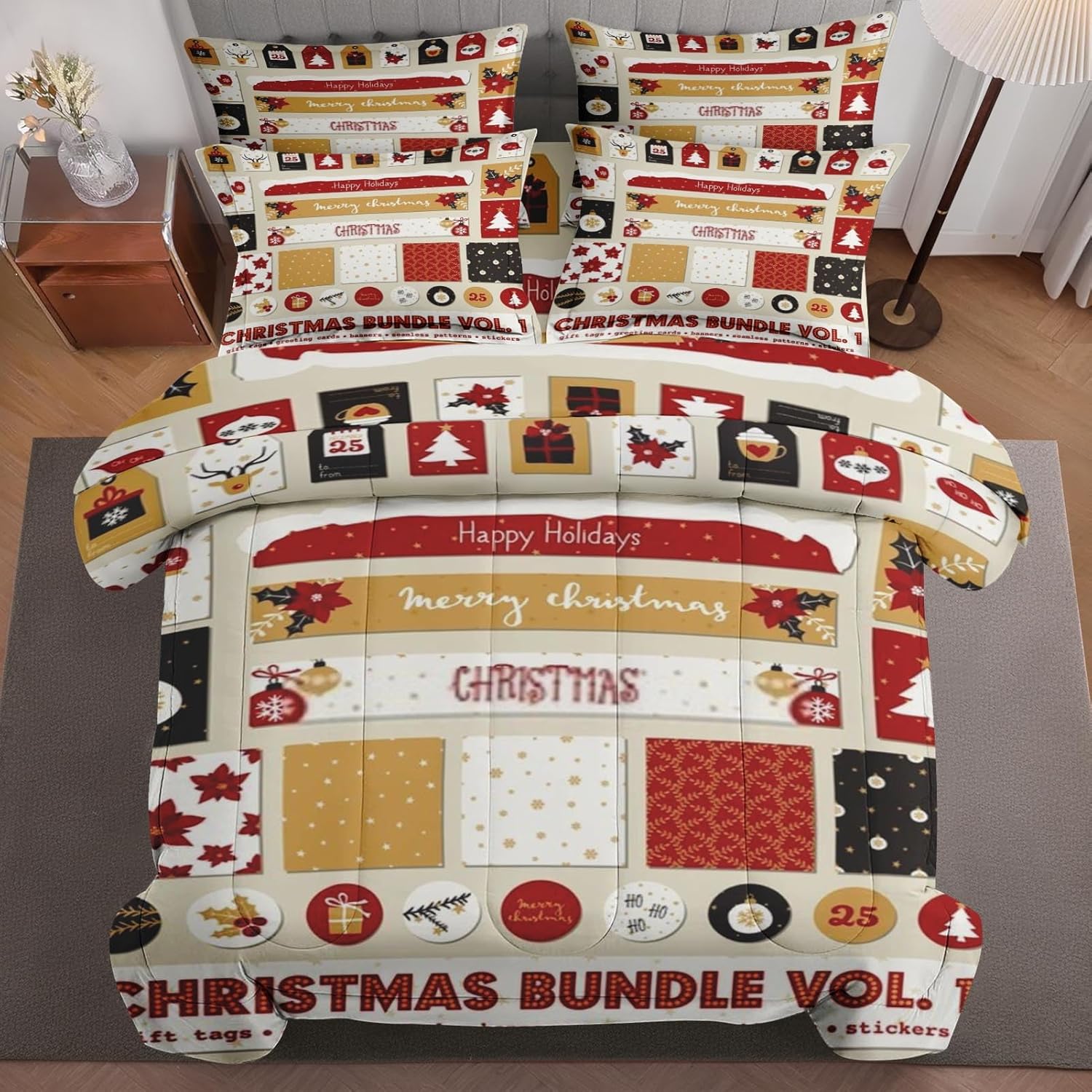 Pinbeam 7 Pcs Comforter Set Full Size, Merry Christmas Red