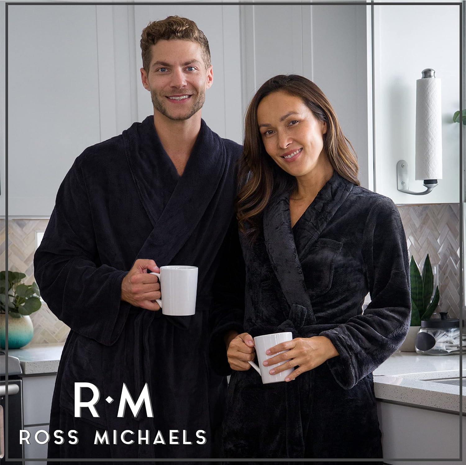 Ross Michaels Mens Robe Shawl Collar Wrap Style - Mid Length Plush Fleece Bathrobe (Jet Black, Small/Medium) - Image 2