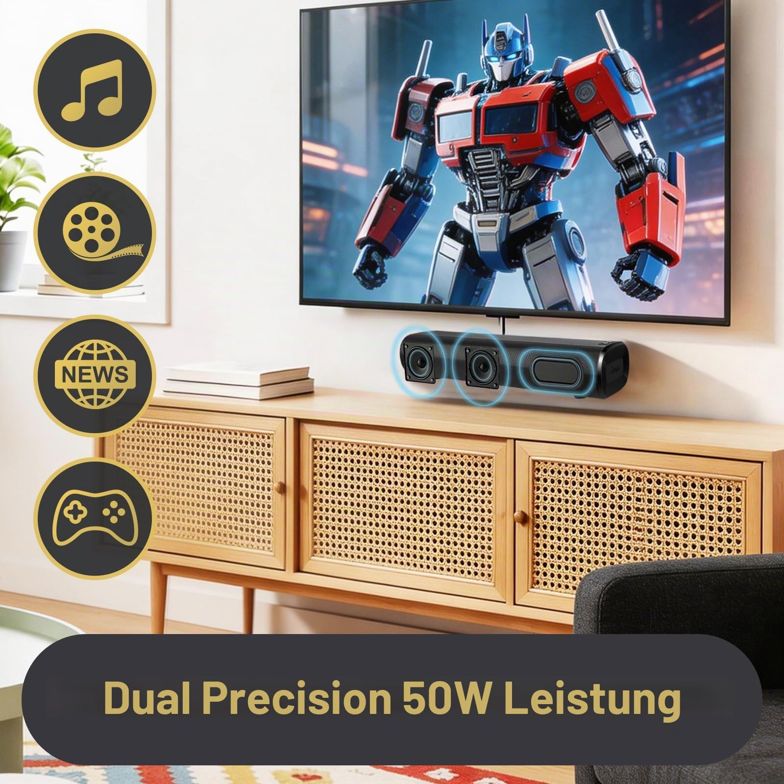 LEMEGA Edge X 2.0 Soundbar für TV, HDMI ARC, 50W Klang,Bluetooth | Optisch, AUX, USB & Cinch-Anschluss, wandmontierbar, Fernbedienung, Klangmodi, klare Dialoge im TV-Modus