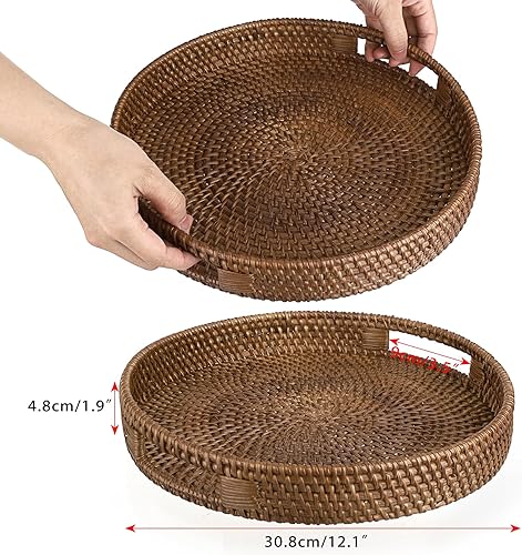 Vista 40 de Hipiwe Bandeja redonda de ratán con asas, bandeja organizadora decorativa tejida a mano para almacenamiento de bebidas de desayuno, aperitivos