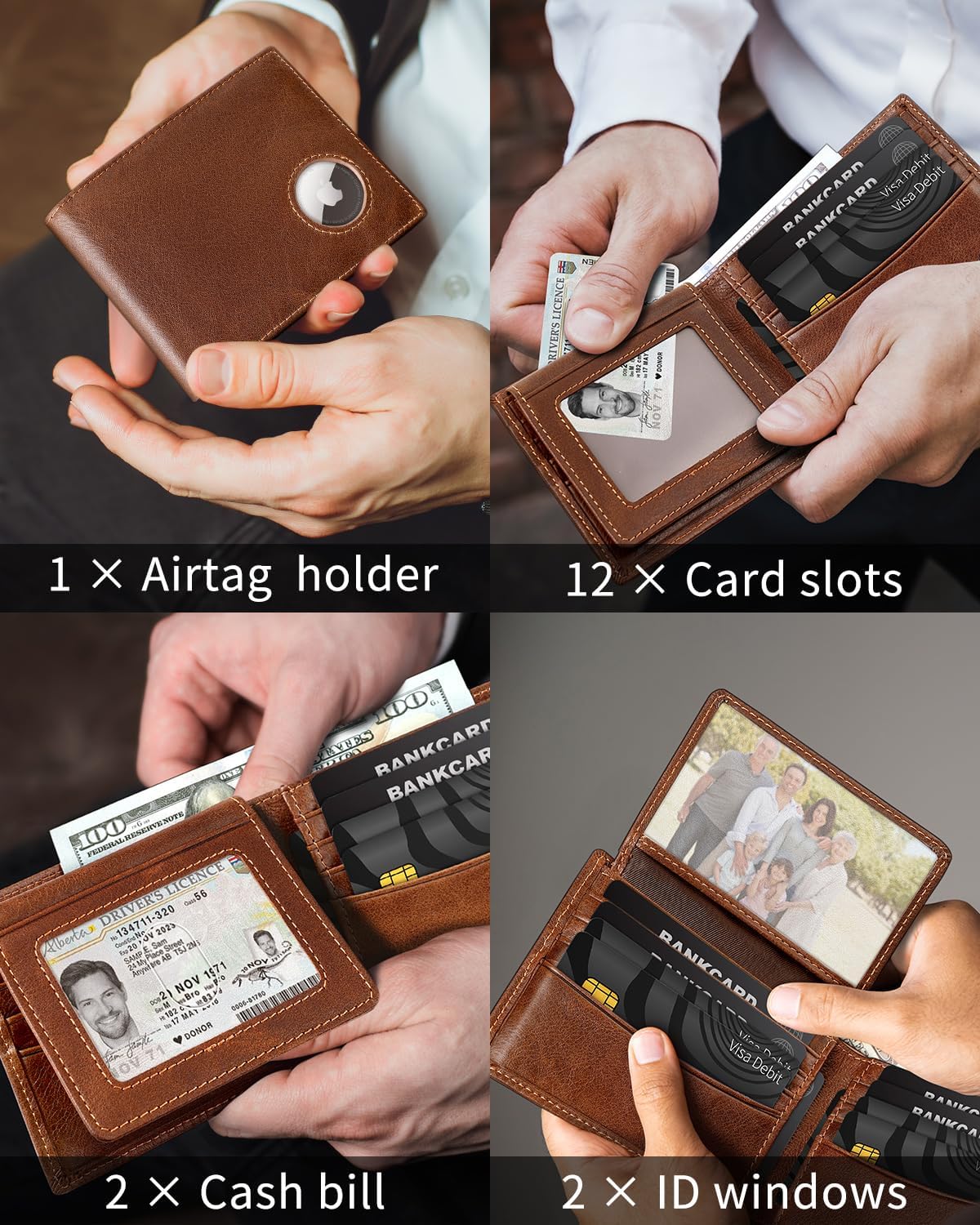 Mens Wallet with AirTag holder,Genuine Leather Bifold Wallets for Men RFID Blocking With 2 ID Window and 12 Cards Holders Gift Box (Coffee Brown) - Image 3