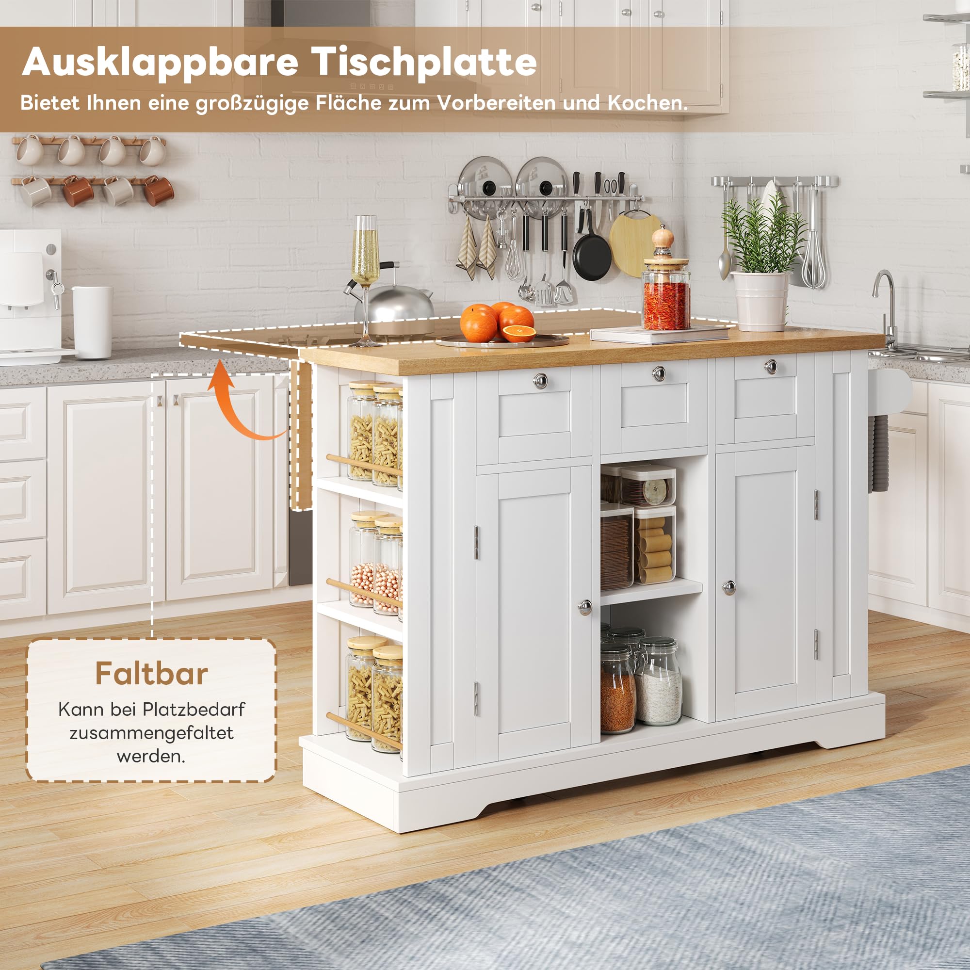 Kitchen Island - Carrello con rotelle da 132 cm, con piano di lavoro a ribalta, tavolo da pranzo in stile country, cassetti, portaspezie e porta asciugamani, finitura naturale/bianca