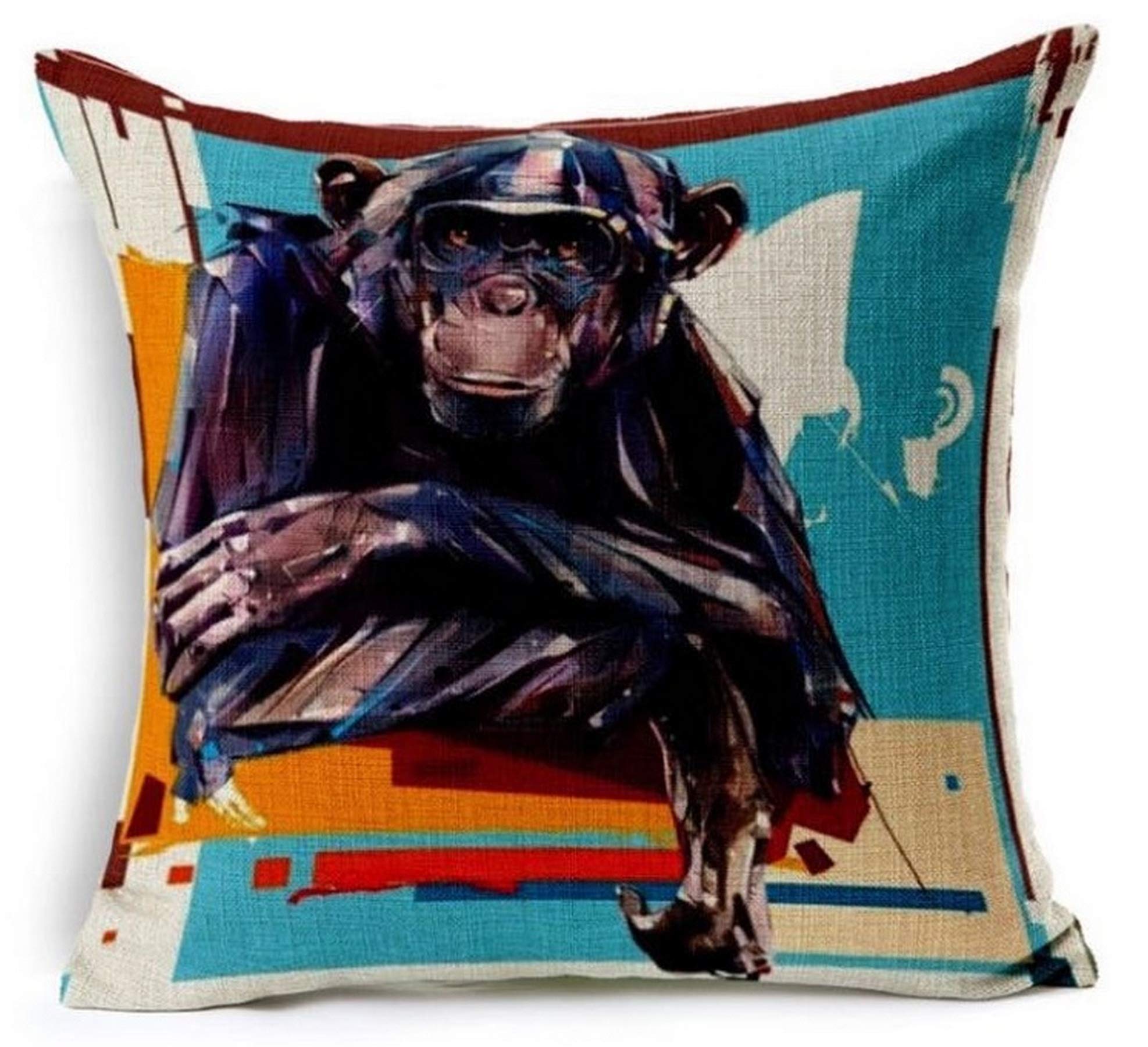 Watercolour Effect Digital Print Cheeky Monkey Chimpanzee Chenille Cotton Square 17 x 17 inch Cushion Cover Pillowcase for Sofa/Bed/Couch