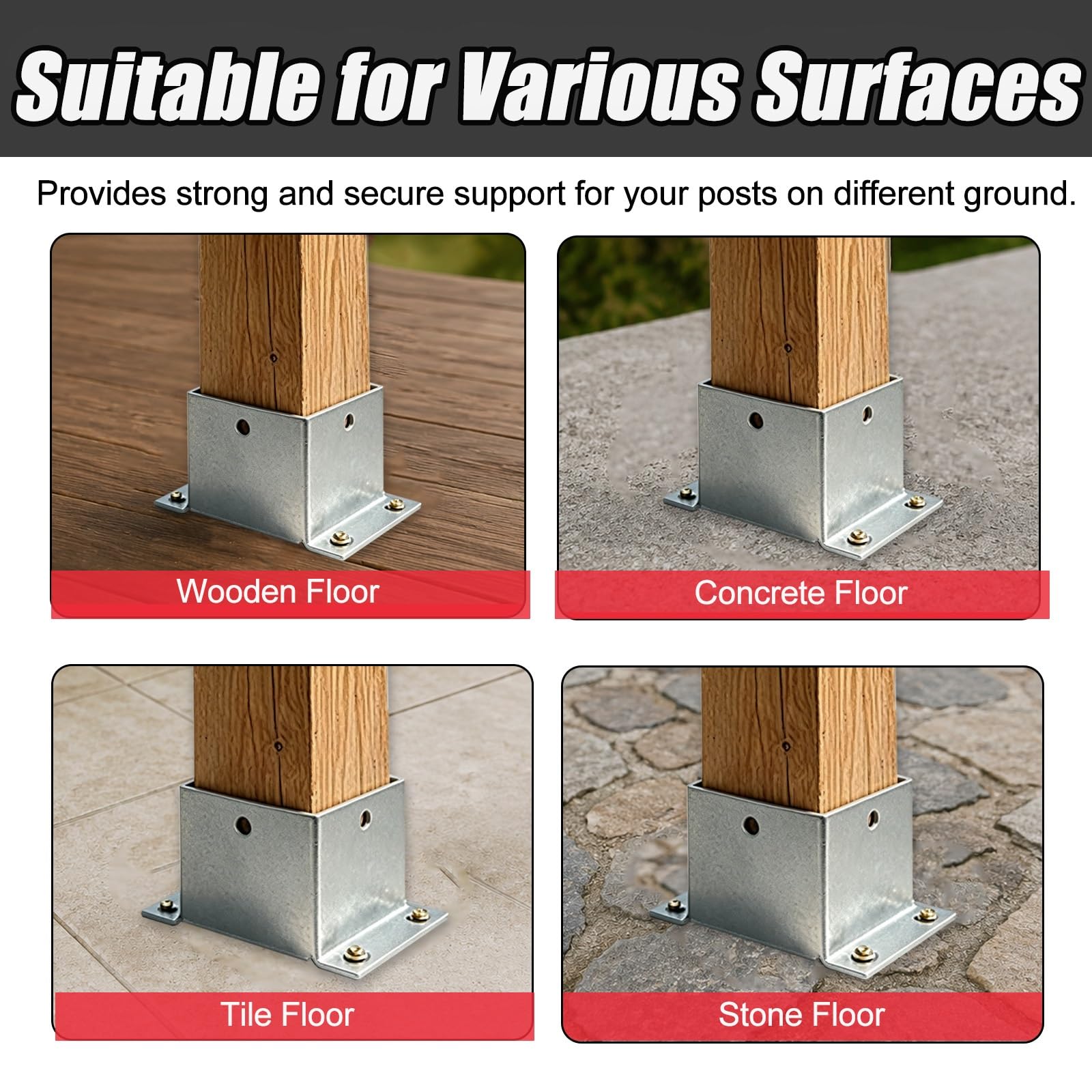 4 Pzs Soporte Poste Acero Galvanizado Fácil Montaje Tornillos | 50 100 200 mm anclaje de poste cuadrado resistente proyectos aire libre pérgola/cubierta/valla(7.9x7.9''/200x200mm)
