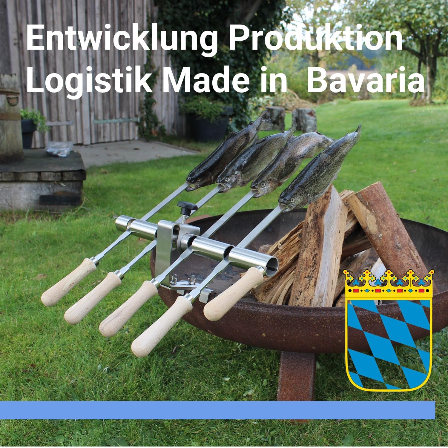 SCHILLING Fischgrilltechnik/Steckerlfisch Halter/Feuerschale/Feuertonne/Edelstahlspieße / 4 Fische
