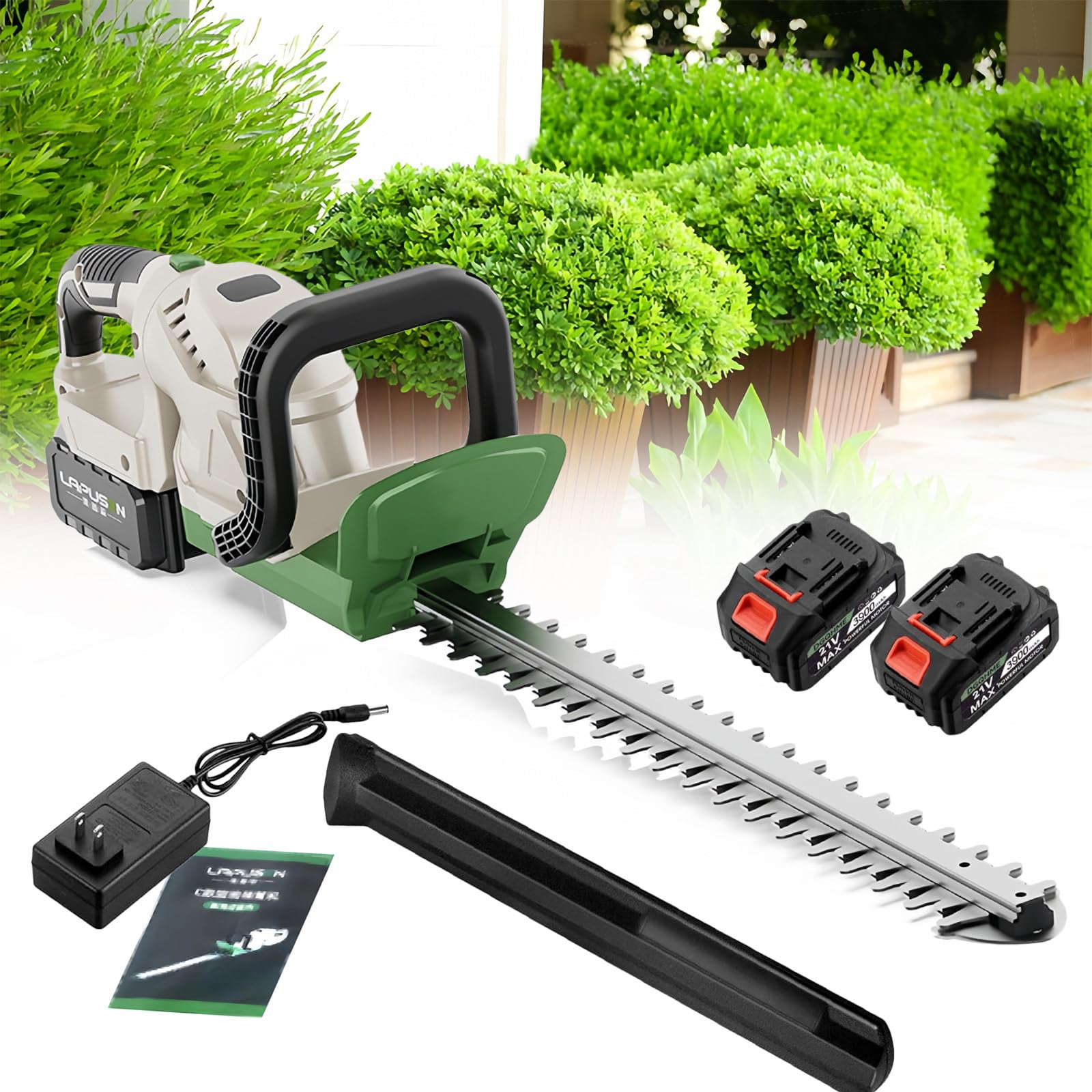 Cortasetos eléctrico inalámbrico de 21 V, Capacidad de Corte de 20 Pulgadas, Cuchillas de Doble acción, batería de Litio de 3900 mAh para el Mantenimiento del césped y el jardín.