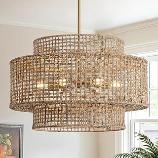 24” Rattan Chandelier for Dining Room, Large Boho 6-Light Rustic Chand...