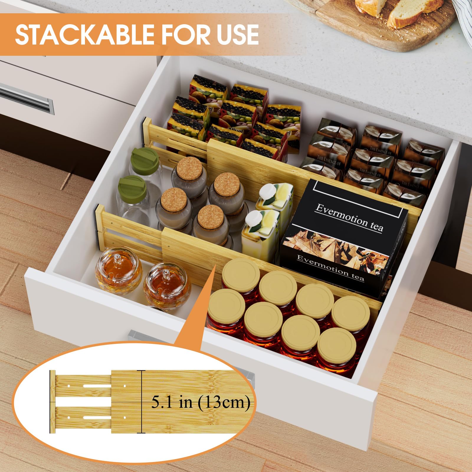 Divisori per cassetti in bambù, regolabili da 43,2 a 56 cm, organizer per cassetti da cucina, per vestiti, confezione da 8 separatori espandibili per organizzare i cassetti, per camera da
