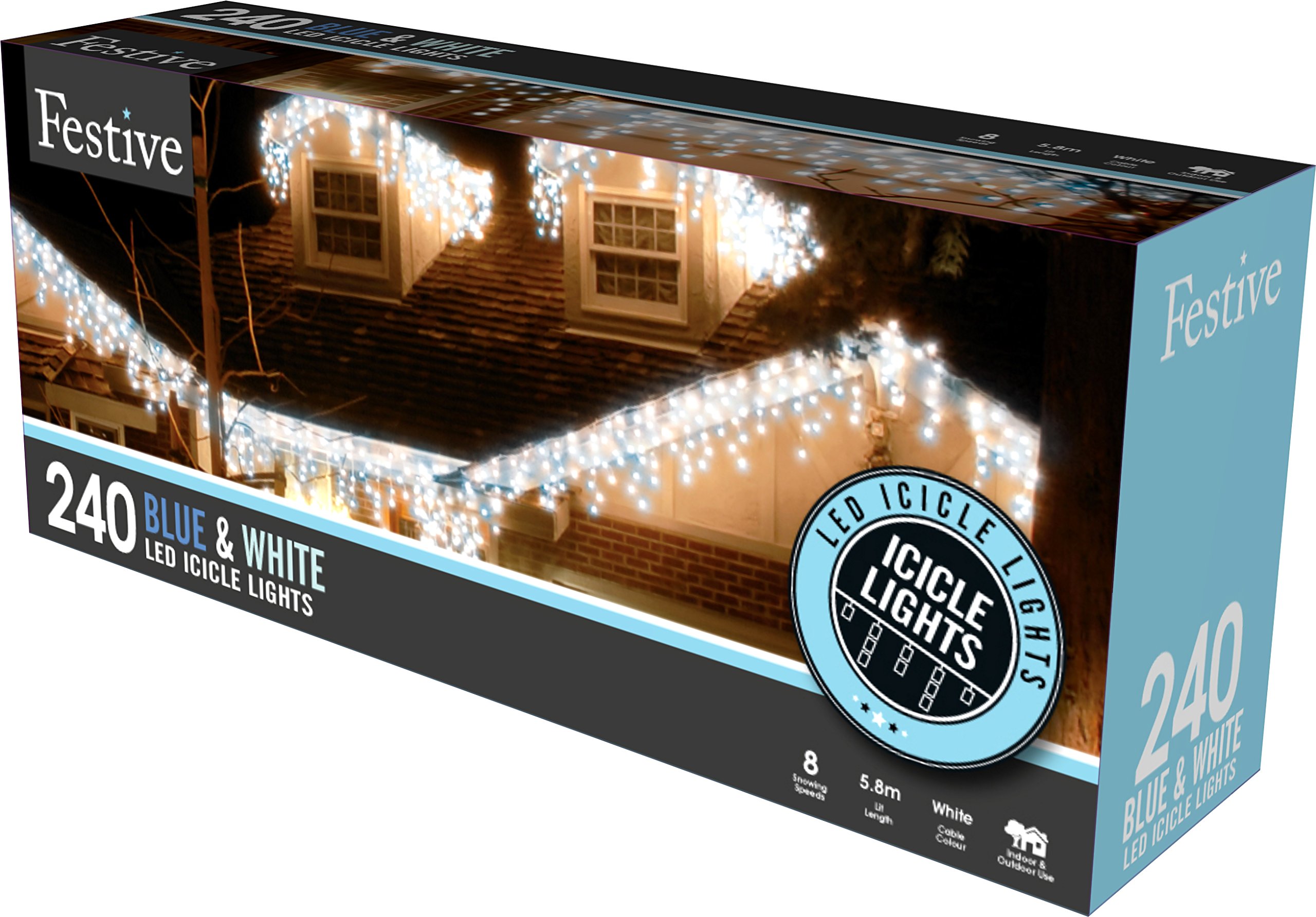 Festive 240 Blue & White Snowing Icicle Timer Lights