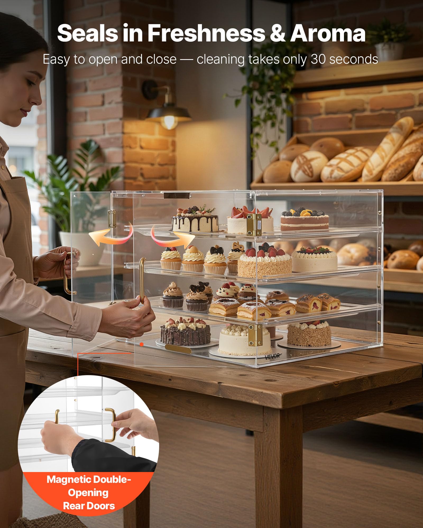 VEVOR Vetrina per Pasticceria da Banco, Espositore Vetrina per Pasticceria Commerciale a 4 Ripiani, Portapane in Acrilico Trasparente per Cucina Torte con Porta Posteriore Magnetica per Biscotti
