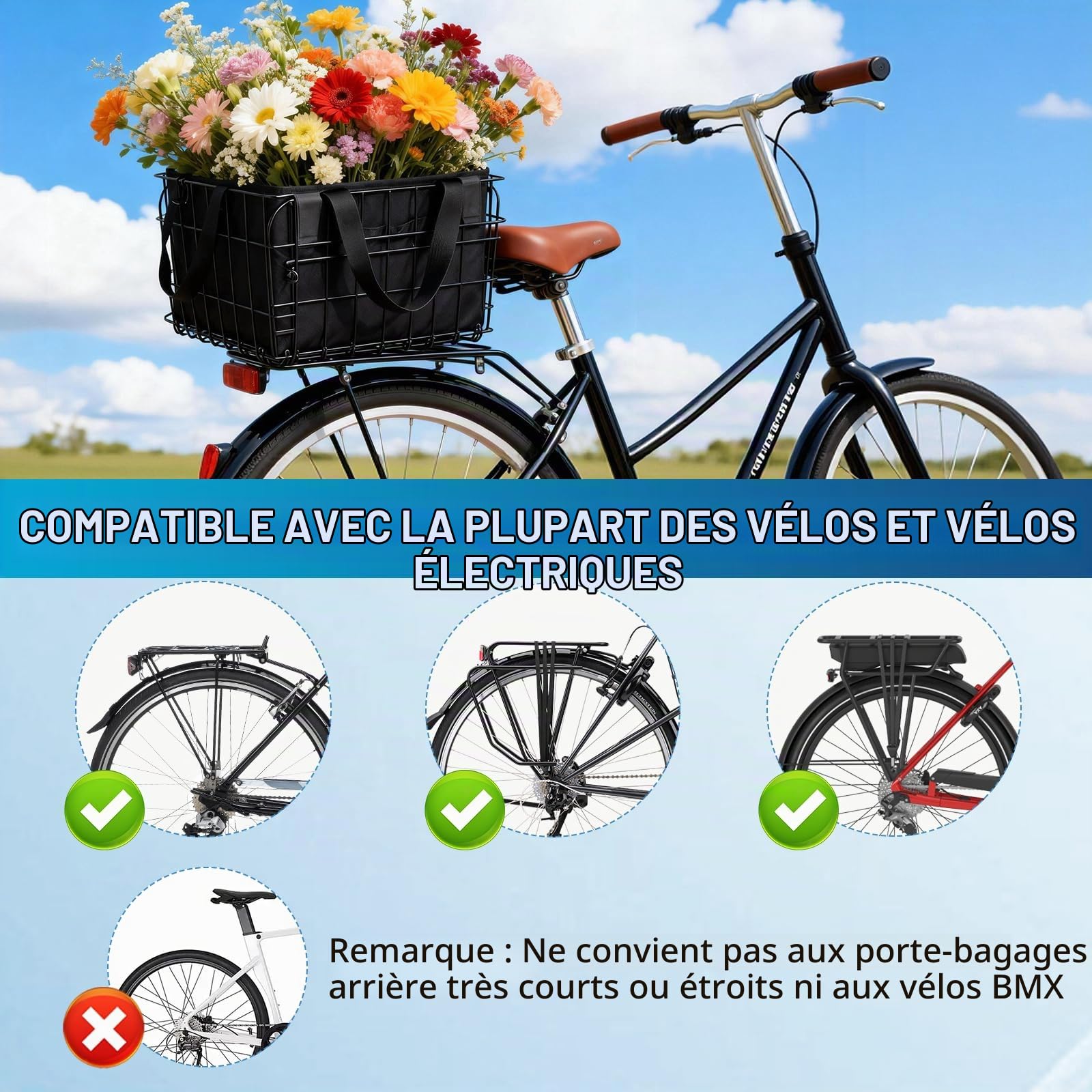 BRGD Panier de Vélo Pliable Arrière, Noir Panier Arrière en Métal avec Sac Intérieur en Nylon et Housse Imperméable pour Transport de Chiens, d'animaux de Compagnie, Fruits et de Nourriture