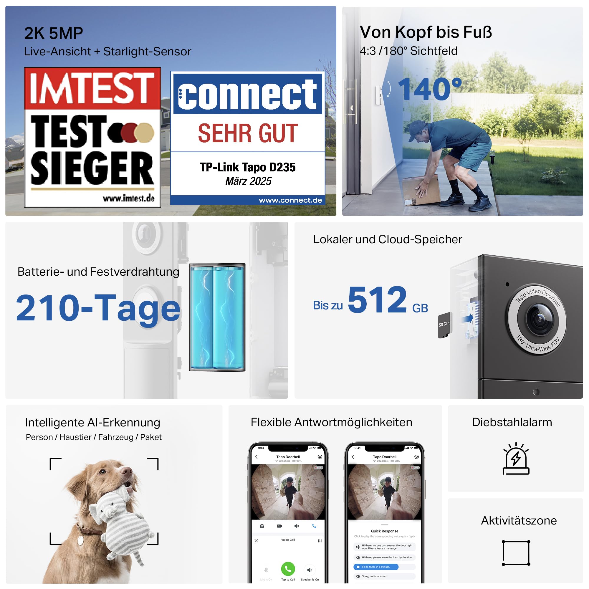 Tapo D235 Video-Türklingel Akku/Festverdrahtet (Video Doorbell) | Türklingel mit Kamera, 2K 5MP, Farbe Nachtsicht, 180° ultrabreiten Sichtfeld, 10000 mAh Nicht entfernbarer Akku, Mit Chime, Alexa