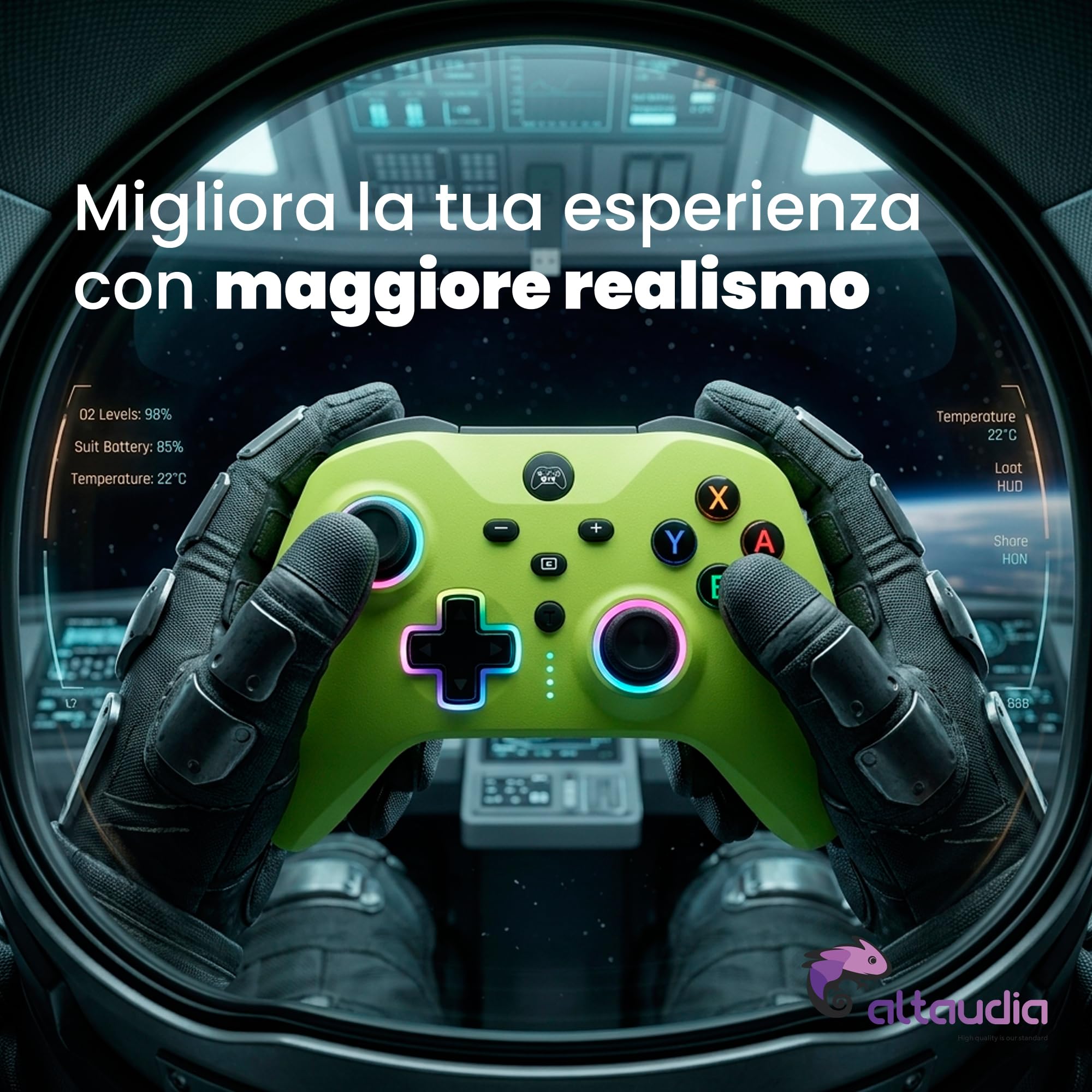 Altaudia Controller Wireless Bluetooth per PC - Compatibile con PC, Switch/Smartphone Android e iOS, Connessione USB, 2 Pulsanti Macro, Doppia Vibrazione, 6 Assi, Luci LED RGB, Colore Verde