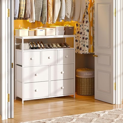 Miniatura 28 de EnHomee Soporte de TV para dormitorio con 7 cómodas y 2 estantes abiertos, cómodas y cómodas para pasillo, entrada, dormitorio, gris Gris