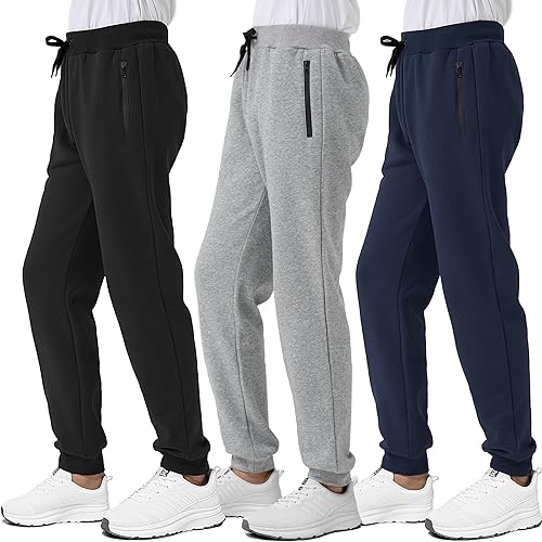 Avsead Tween Boys Fleece Sweatpants Pants Kids 3 Pack Athletic Joggers Sweat Pant with Zipper Pocket Fall Winter Clothes Size 10-12 Black/Navy/Grey