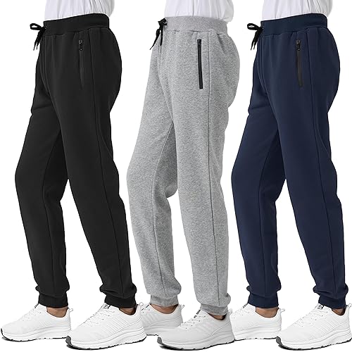 3 Pack Boys Fleece Sweatpants Athletic Soft Jogger Pants with Zipper Pockets Size 4-20 (No Pilling,No Fade) - Large - Black/Navy/Grey