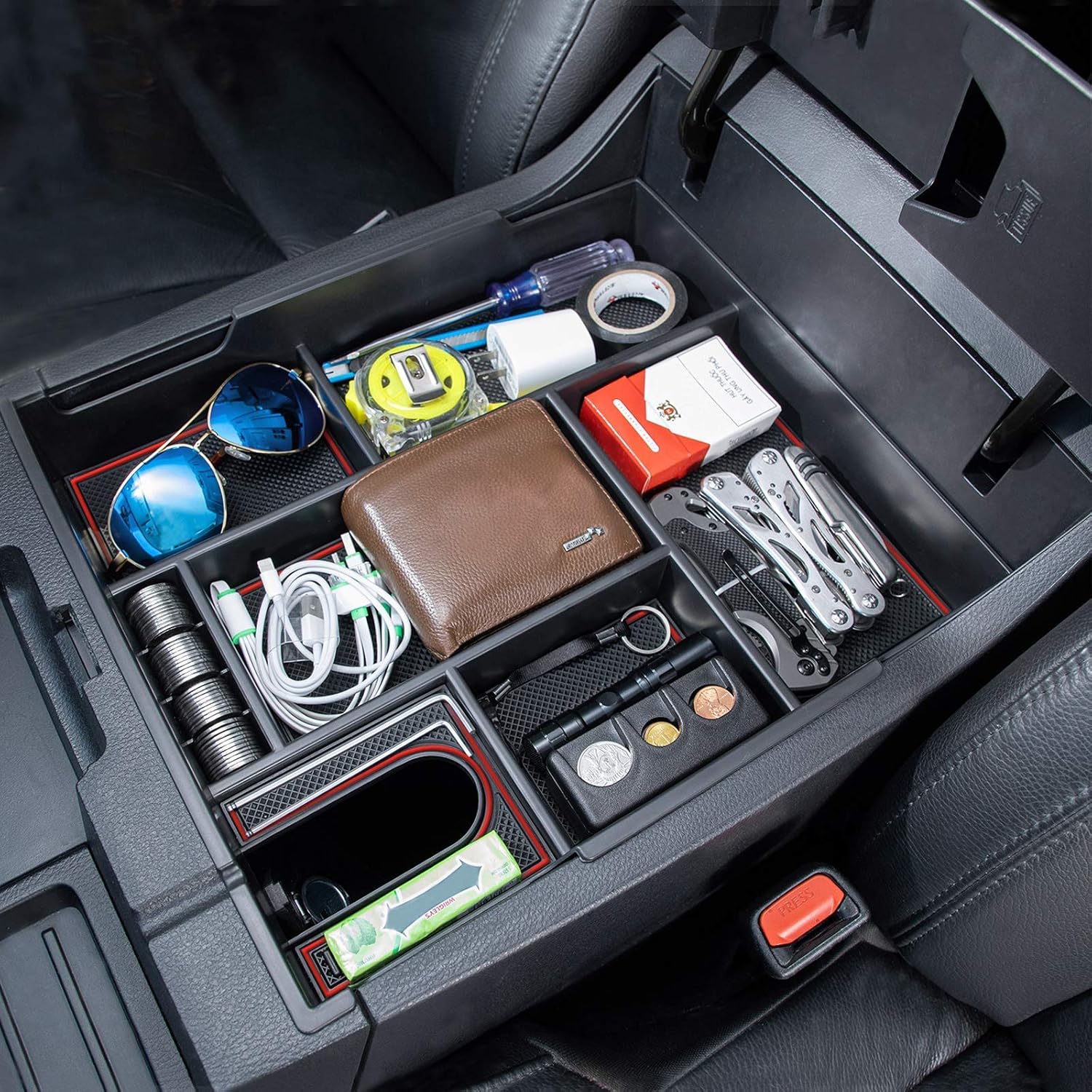 JDMCAR Full Center Console Tray (Red Trim) and Dashboard Organizer Compatible with Toyota Tundra 2014-2021