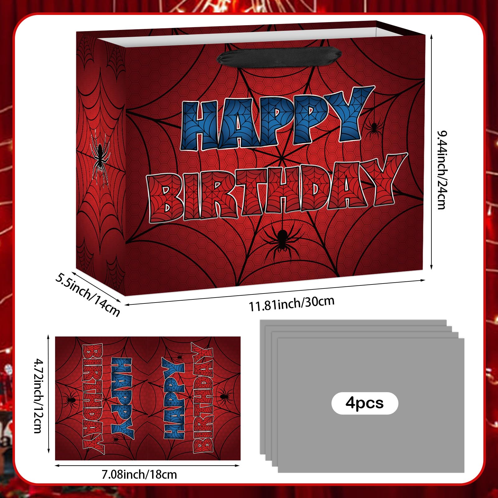 Hooqict Spider Gift Bag Happy Birthday Gift Wrapping Bag with Handles, Tissue Paper, Greeting Card for Kids Boys Teens Men Goodie Candy Treat Gift Box Spider Web Birthday Party Favors