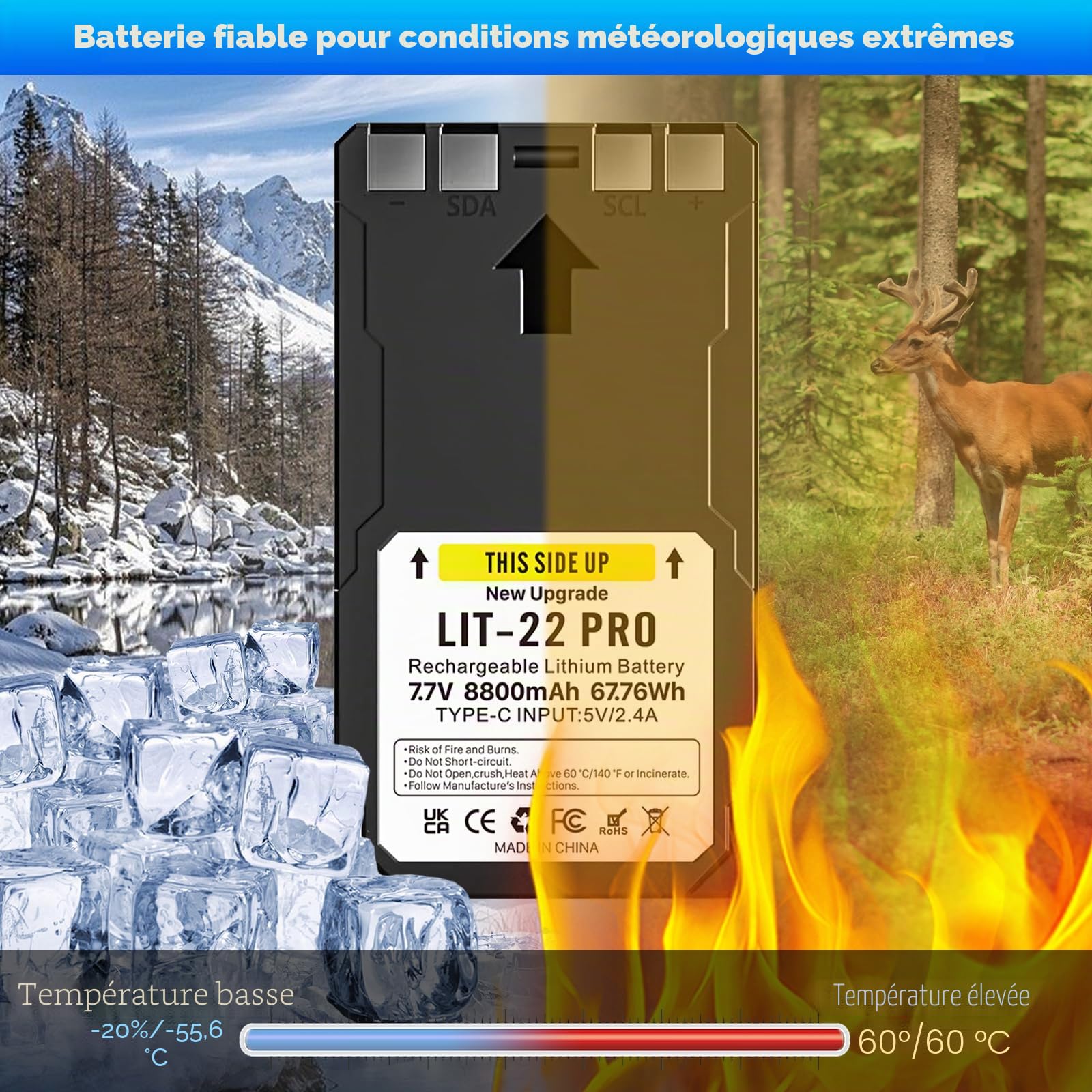 Lot de 2 batteries 8800 mAh 2026 LIT-22 rechargeables 7,7 V au lithium pour caméra de chasse SPYPOINT compatible avec les appareils photo de chasse mobiles Flex-M,-S, FLEX-G36, Flex-Plus (câble de