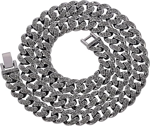 rongji jewelry Mens Womens Cuban Link Necklace - Heavy Strong Black Cuban Link Chain Iced Out Miami Curb Chain with Bling Bling Clear Rhinestones