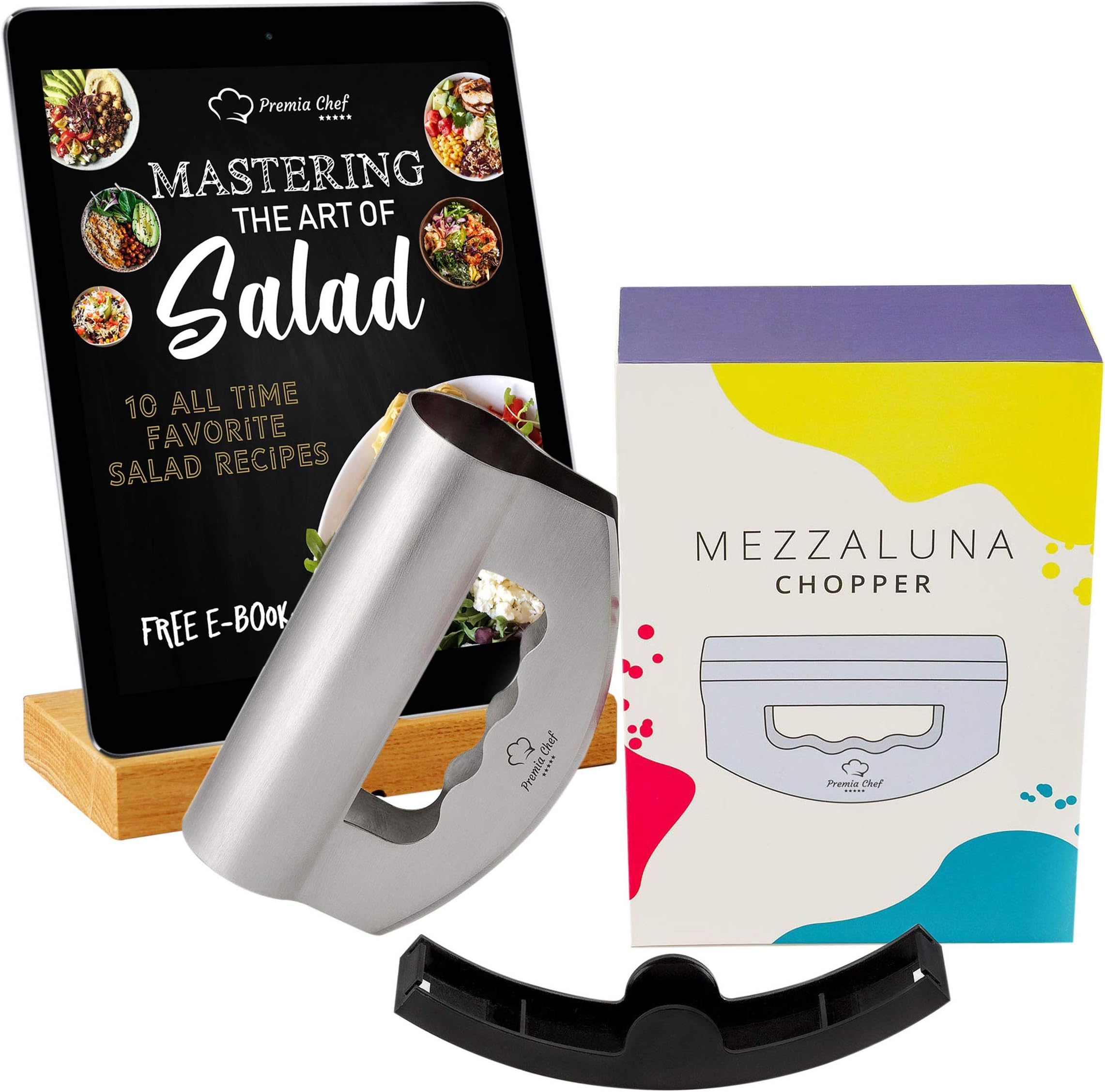 PremiaChef Salad Chopper - Complete Bundle - Stainless Steel Mezzaluna Knife with Double Blade Protective Cover and Storage Box - Multipurpose Premium Salad Chopper