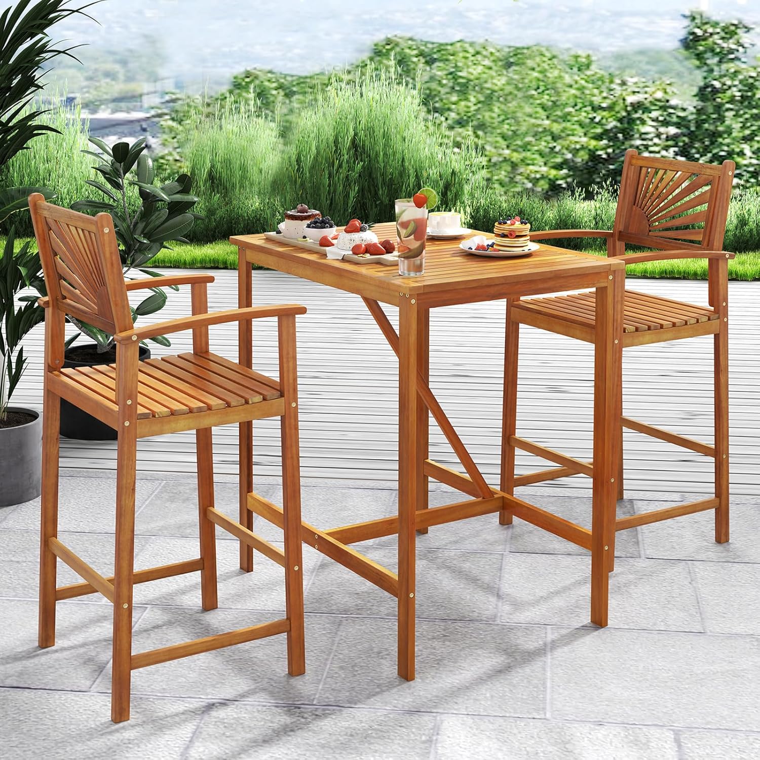 Tangkula Set of 2 Outdoor Acacia Wood Bar Stools, Bar Height Patio Chairs with Backrests, Armrests and Footrests, Patio Bar Chairs for Porch, Balcony, Garden and Backyard (2)