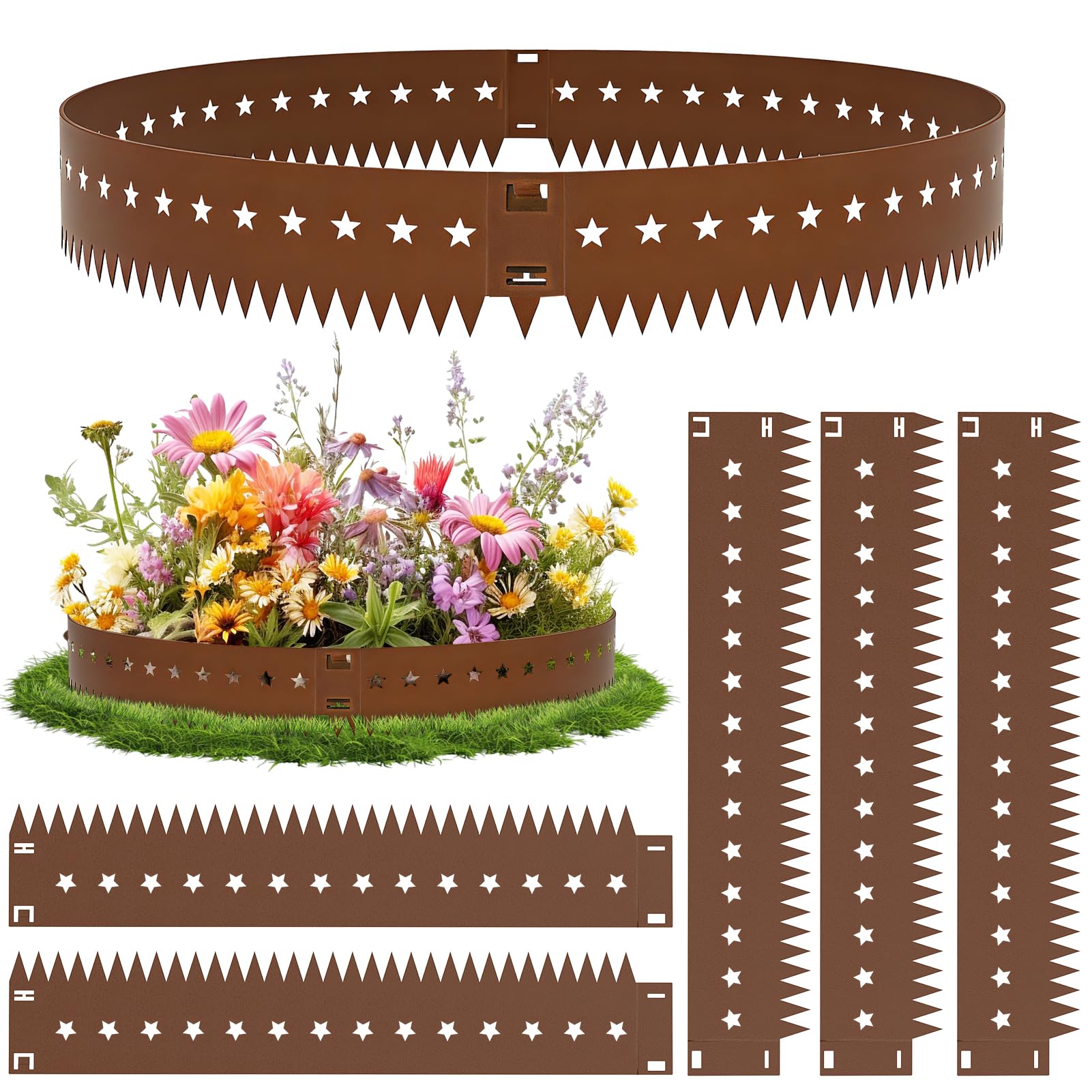papasbox 5-Pack Lawn Edging, 107.5 * 15cm Star garden edging border, Flexible Garden Edging, Corten Steel Heavy Duty LawnEdging, metal lawnedging-No-Dig Hammer-in-Grass Landscaping Pathway Edge Strip