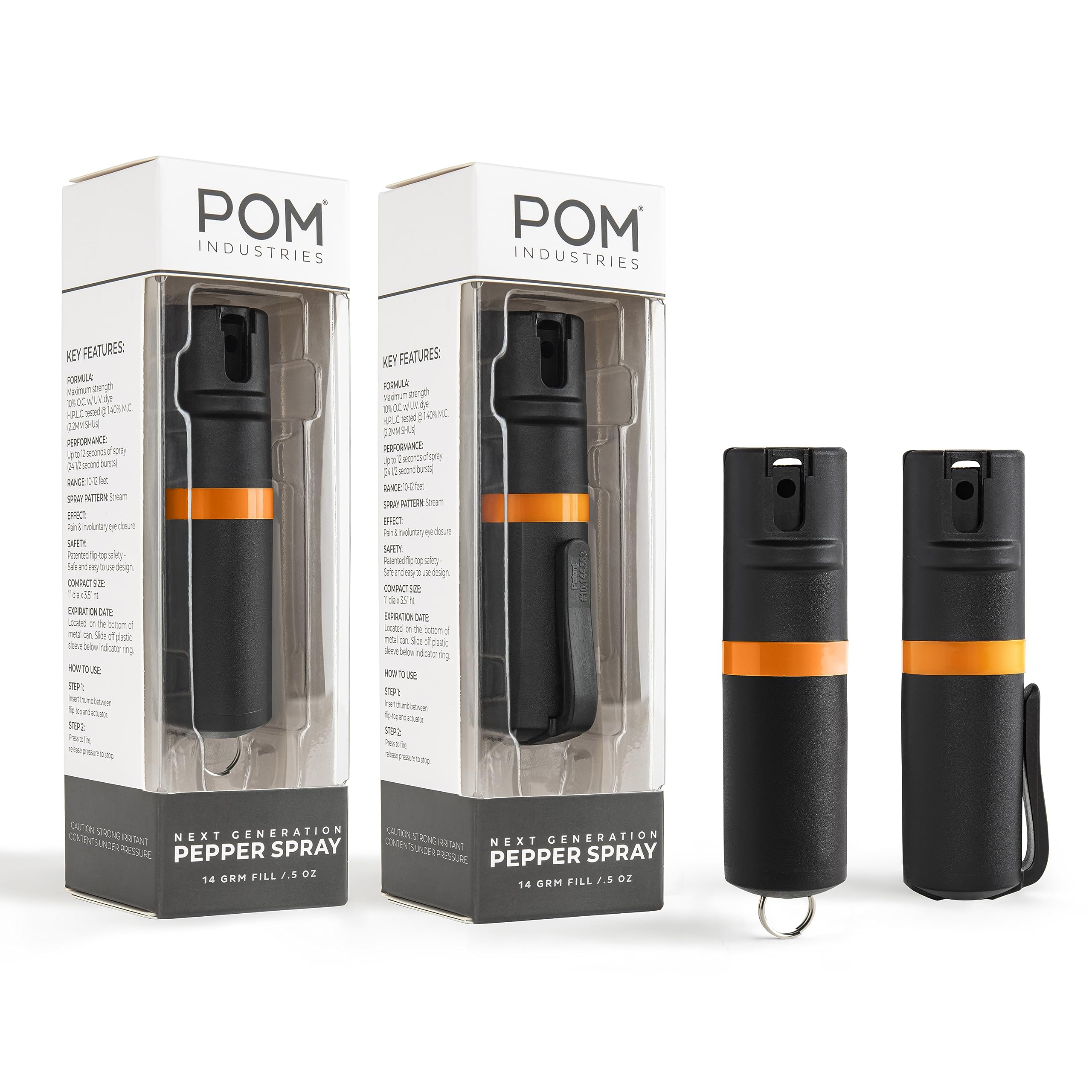 POM Pepper Spray Combo Pack Clip &amp; Keychain - Maximum Strength OC Spray Self Defense- Tactical Compact &amp; Safe Design - 25 Bursts &amp; 10 ft Range - Stream Spray Pattern