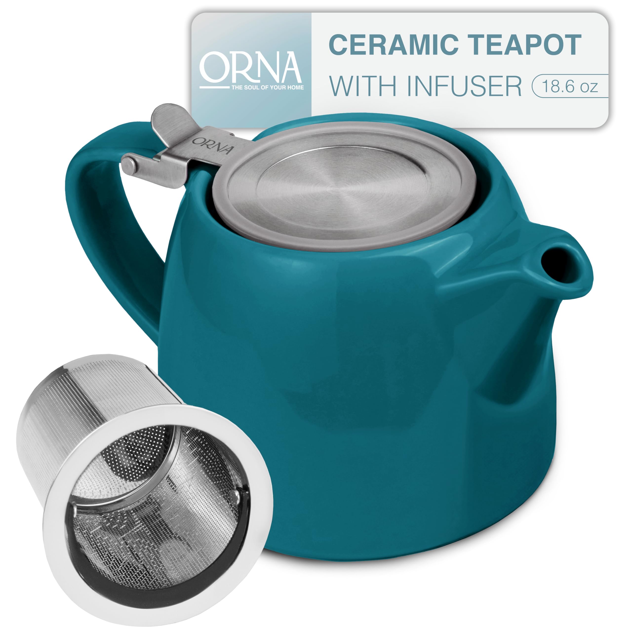 ORNA Ceramic Teapot with Tea Infuser – Small Tea Pot for Loose Leaf Tea – 550ml / 18.6 Oz Porcelain Non-Stove Teapot for 2 Cups with Tea Strainer (Ocean)