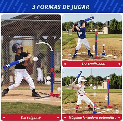 Miniatura 2 de Juego de béisbol 3 en 1 para niños de 3 a 5 años, soporte de pelota en camiseta, camiseta colgante, lanzador de bolas y 6 bolas de softball, altura