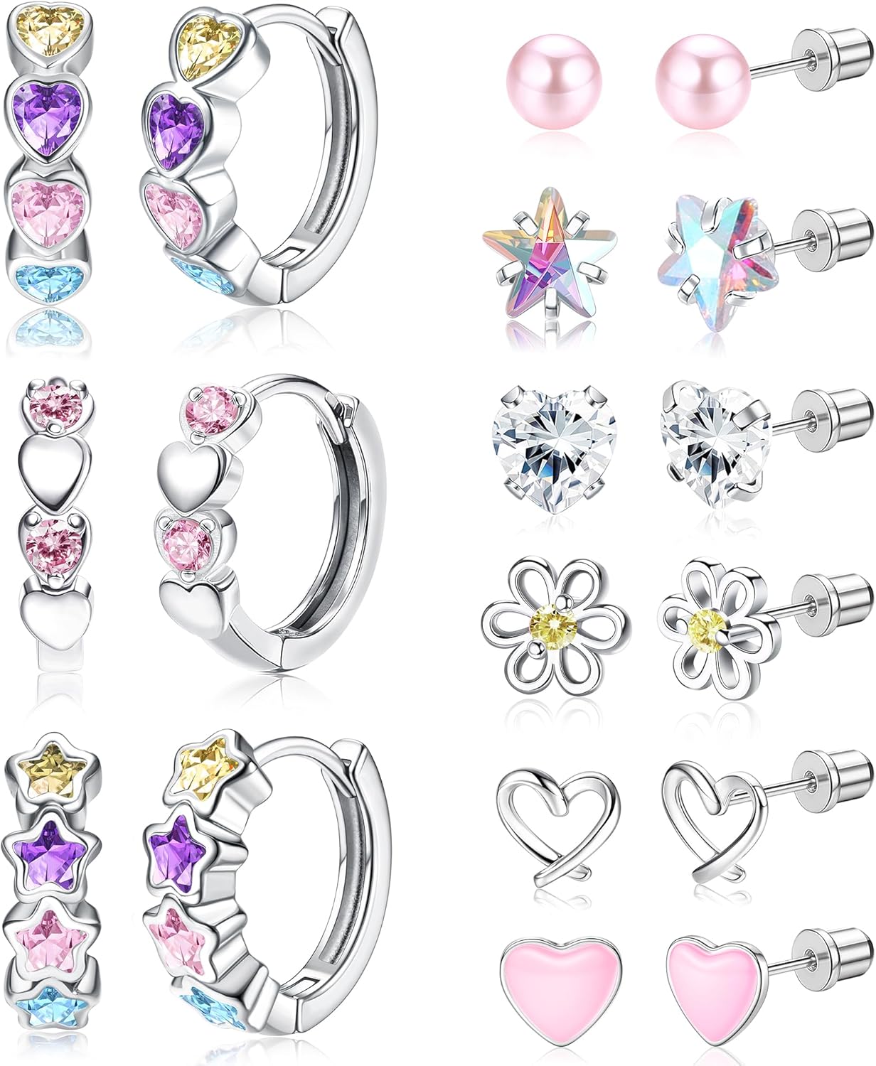 THUNARAZ Hypoallergenic Earrings for Girls Women Surgical Stainless Steel Earrings Set for Sensitive Ears Screw Back Stud Earrings Kids Toddler Cute Heart Hoop Earrings Jewelry Gift for Teen Girls