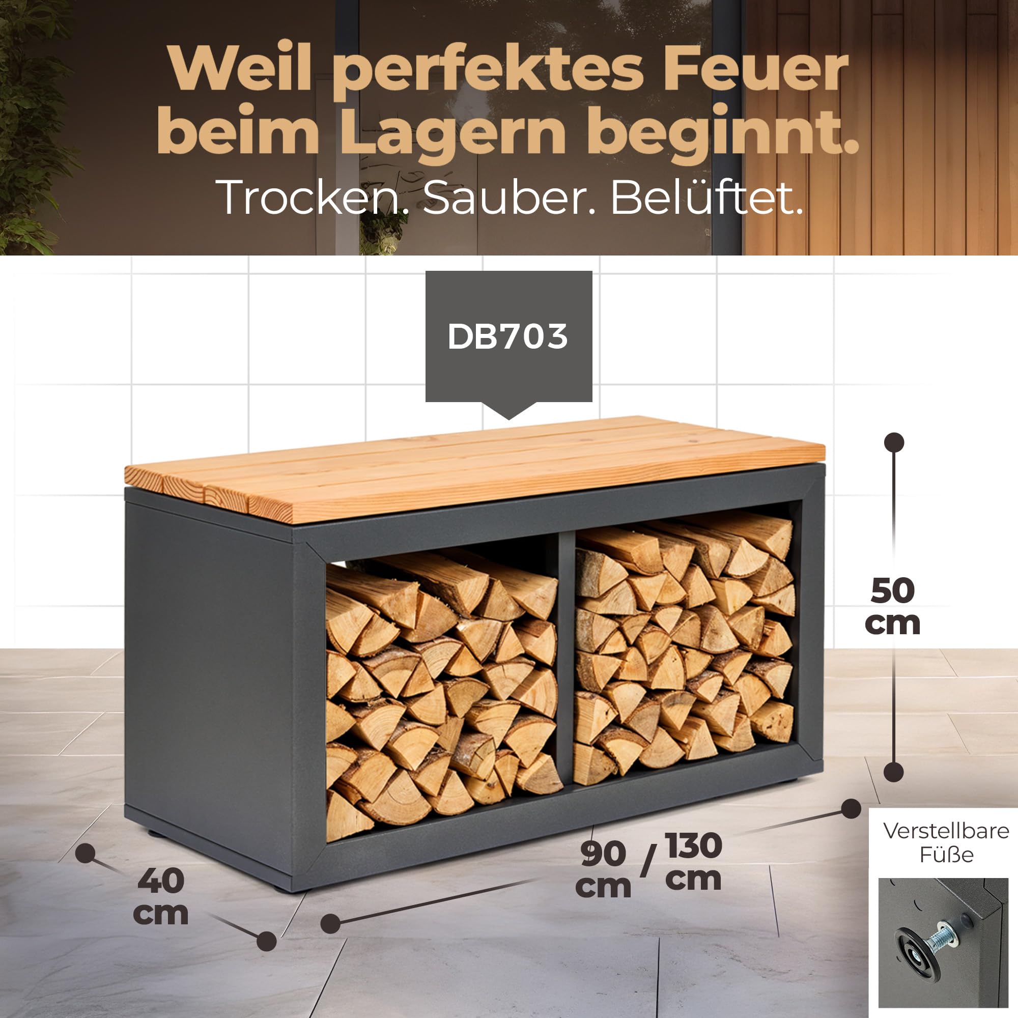 Holzlager Bank - Sitzbank mit Stauraum, feuerverzinktes, pulverbeschichtetes Stahlblech | Douglasie-Sitzfläche | Wetterfeste, Moderne Sitztruhe | Storage Bench | Made in Germany (90 x 50 cm)