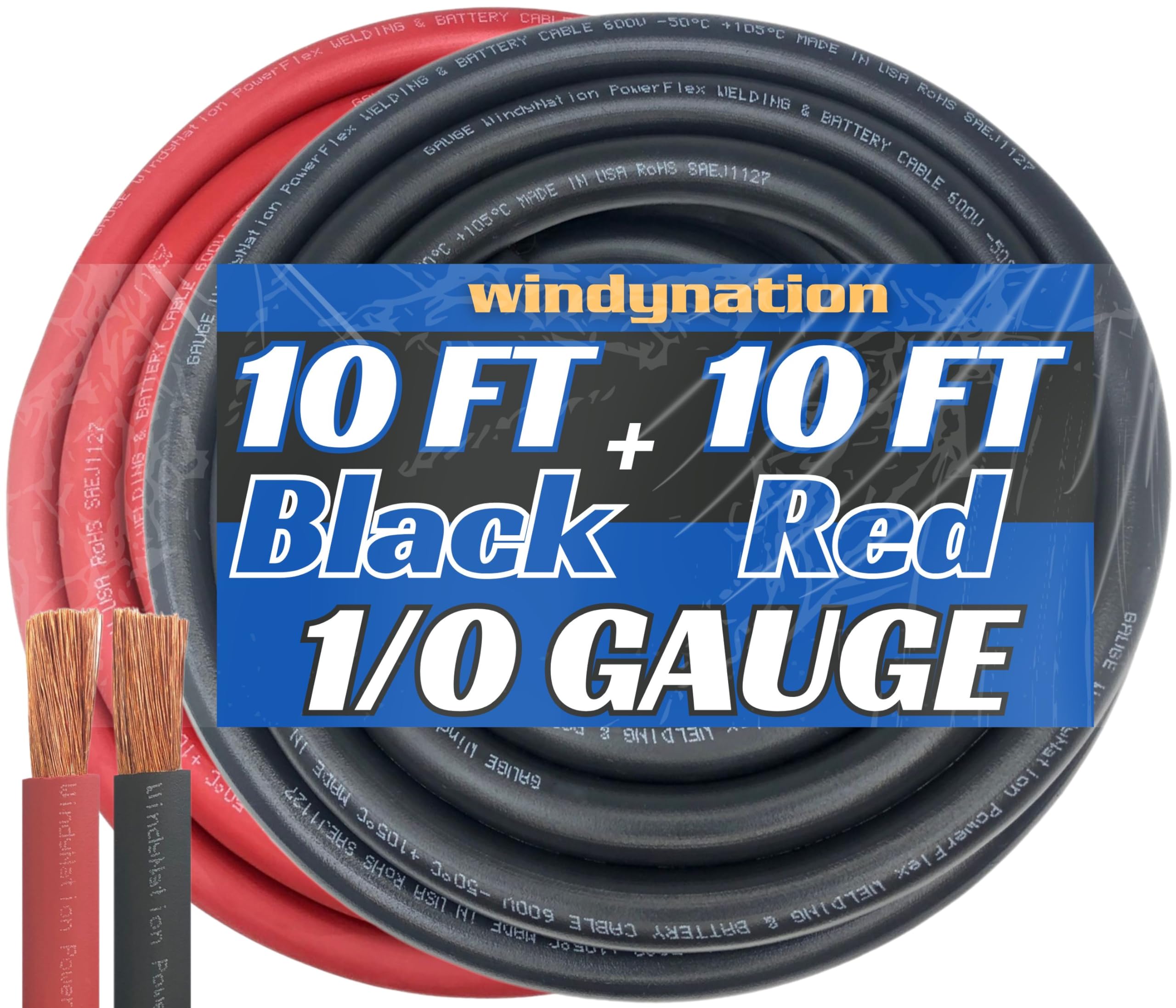 WNI - Cable de cobre ultra flexible, calibre 1/0 AWG, 3 m negro y 3 m rojo, para batería o soldadura, fabricado en EE. UU., para coches, inversores, caravanas, energía solar