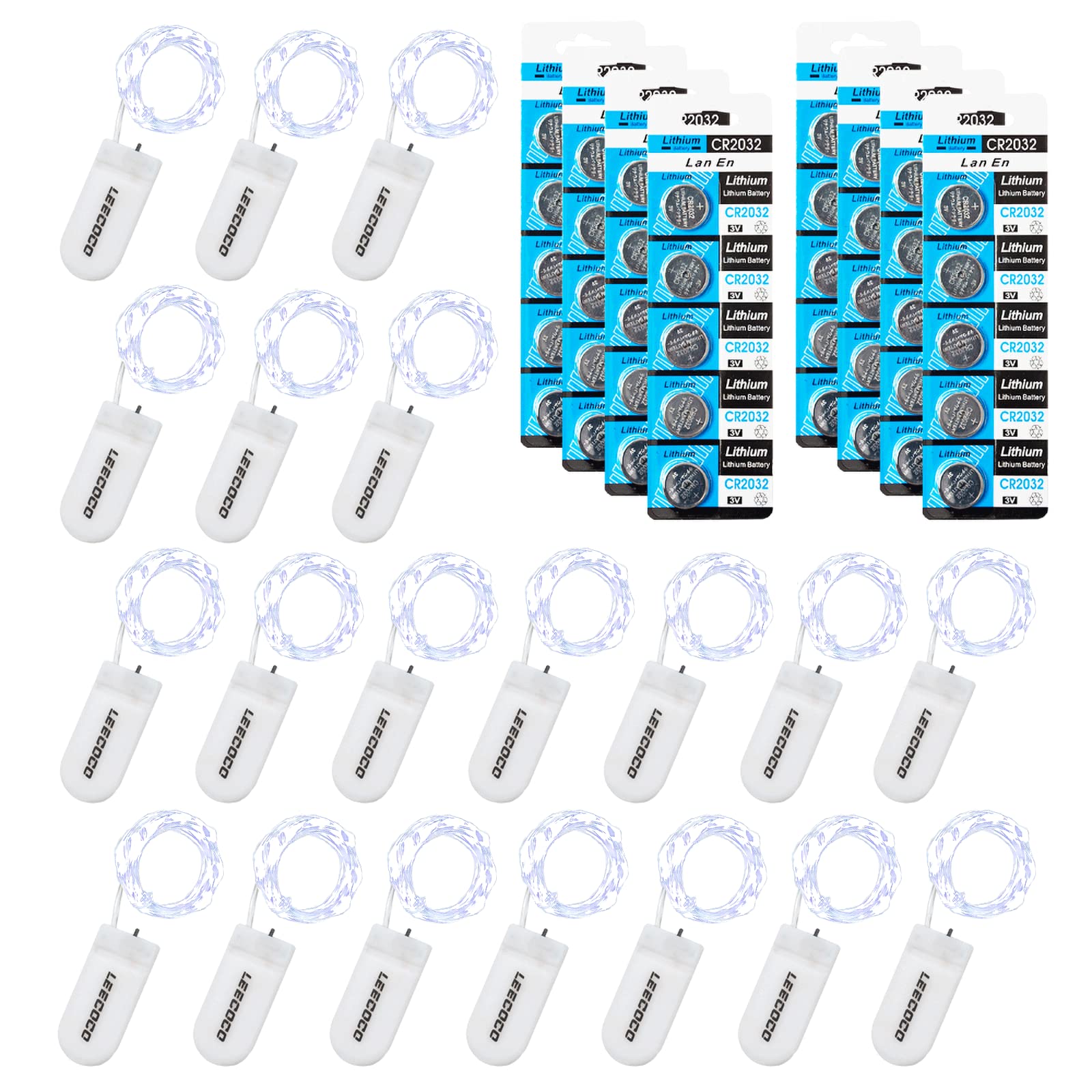 LED fairy lights with battery, 20 pieces, 2 m, 20 LEDs (additional 40 batteries), double the lighting time extension of working time, for Christmas, wedding decoration (20 pieces, cool white) — image 1