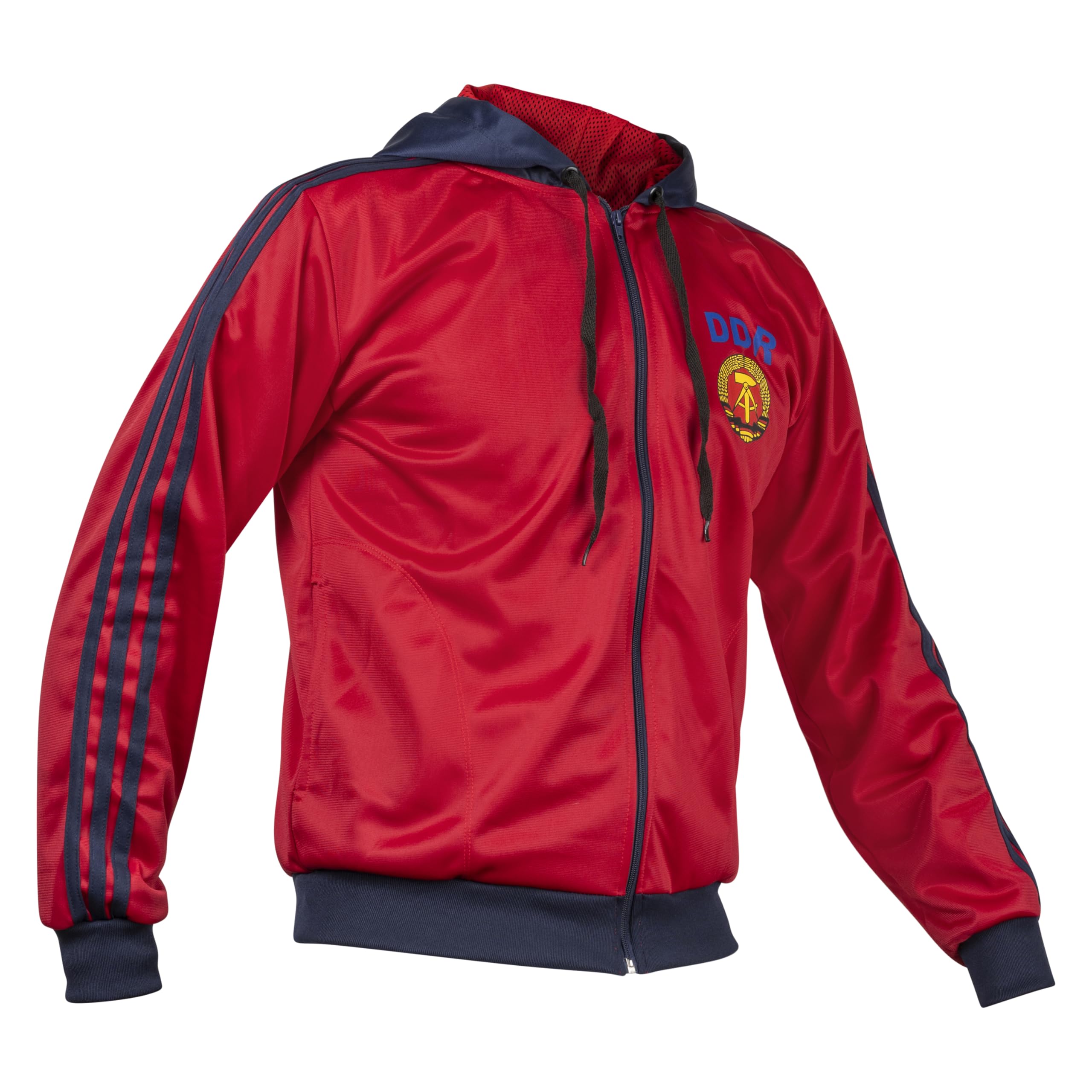 JL Sport Storica giacca sportiva della Germania dell'Est DDR, maglione rosso con cappuccio retro