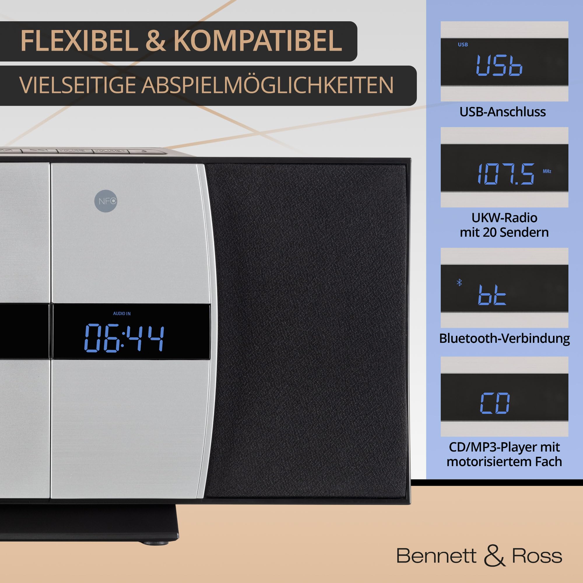 Bennett & Ross Ålesund Vertikal Stereoanlage - HiFi Microanlage mit CD-Player, MP3, UKW-Funktion, USB und Bluetooth mit NFC - Standaufstellung oder Wandmontage - Fernbedienung - Silber