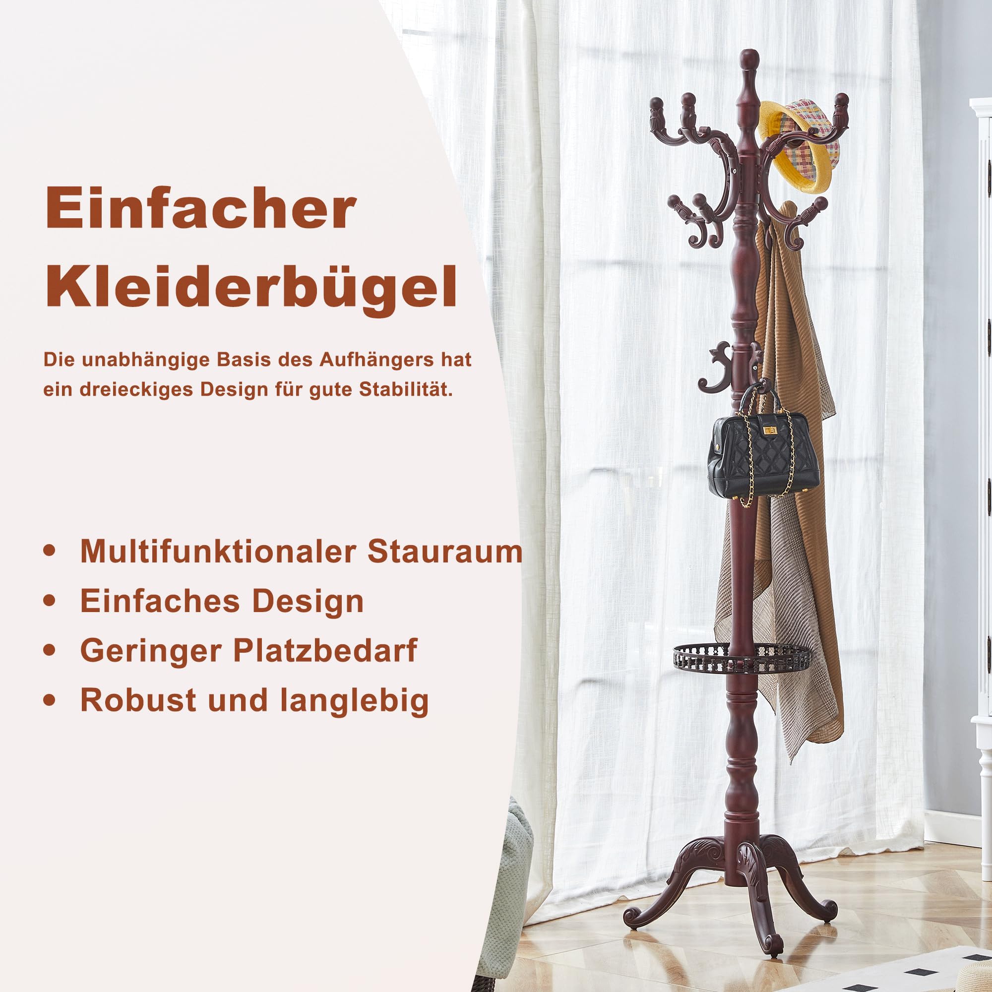 Perchero de Pie de Madera Maciza, Estilo Europeo para Pasillo, Nogal, 195 cm