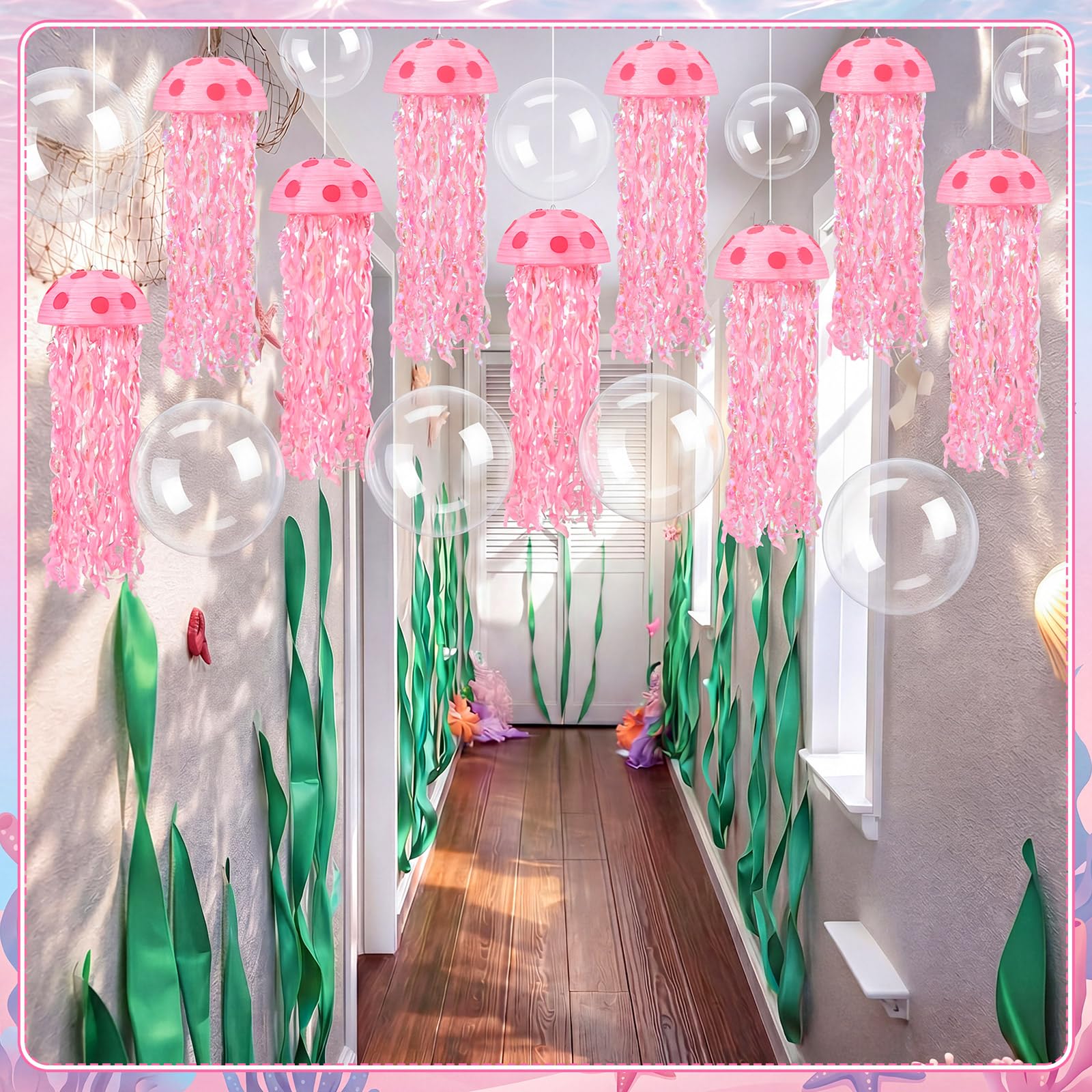 CraftyDream 74 decorazioni per feste in spugna a forma di cartone animato, 12 pezzi, 24,9 cm, lanterne di carta da appendere con ghirlande a bolle, carta crespa per feste di compleanno, sirena, oceano