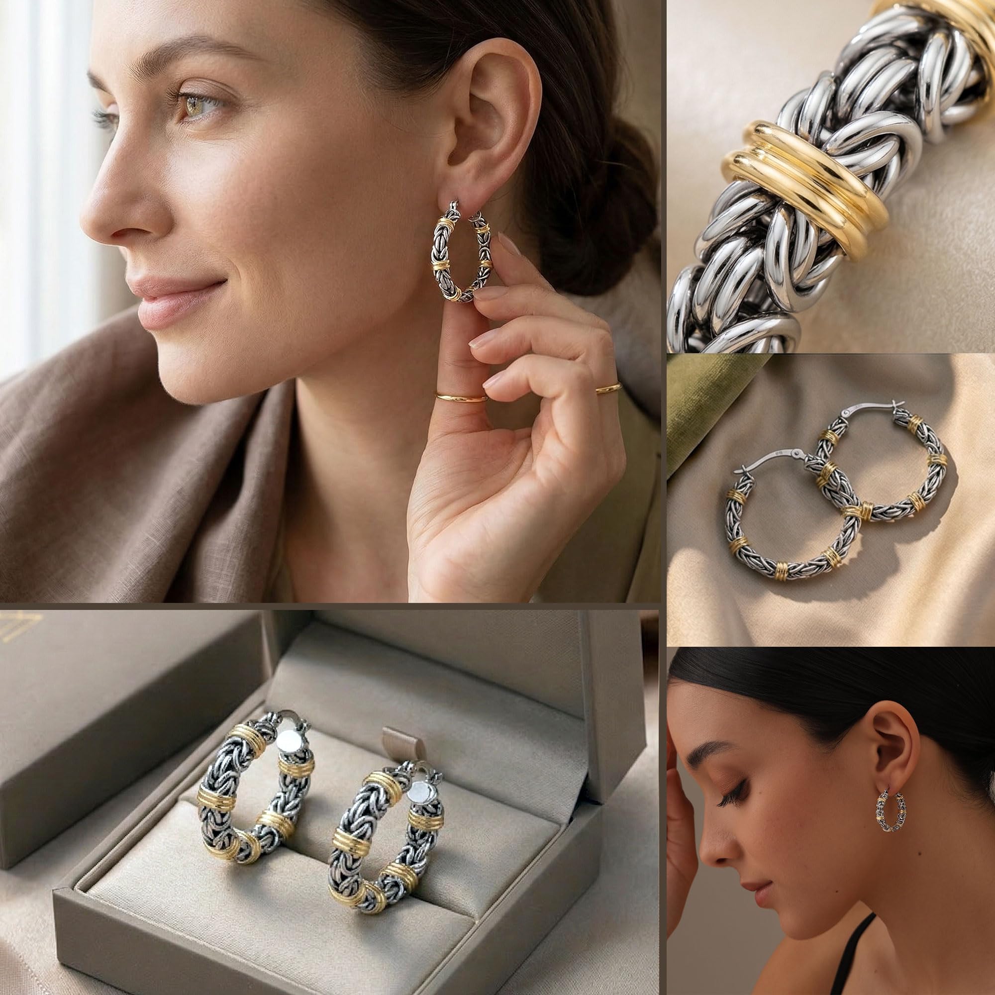LeCalla Aros ligeros estilo Bali de plata de ley 925 de con cierre de clic antiguo de dos tonos para mujer