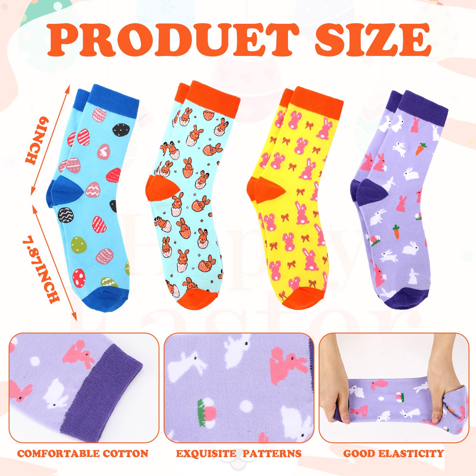 4 Pairs Easter Gifts for Men Funny Easter Rabbit Socks for Adult Egg Print Crew Socks Knit Unisex Novelty Spring Basket Stuffers Gifts