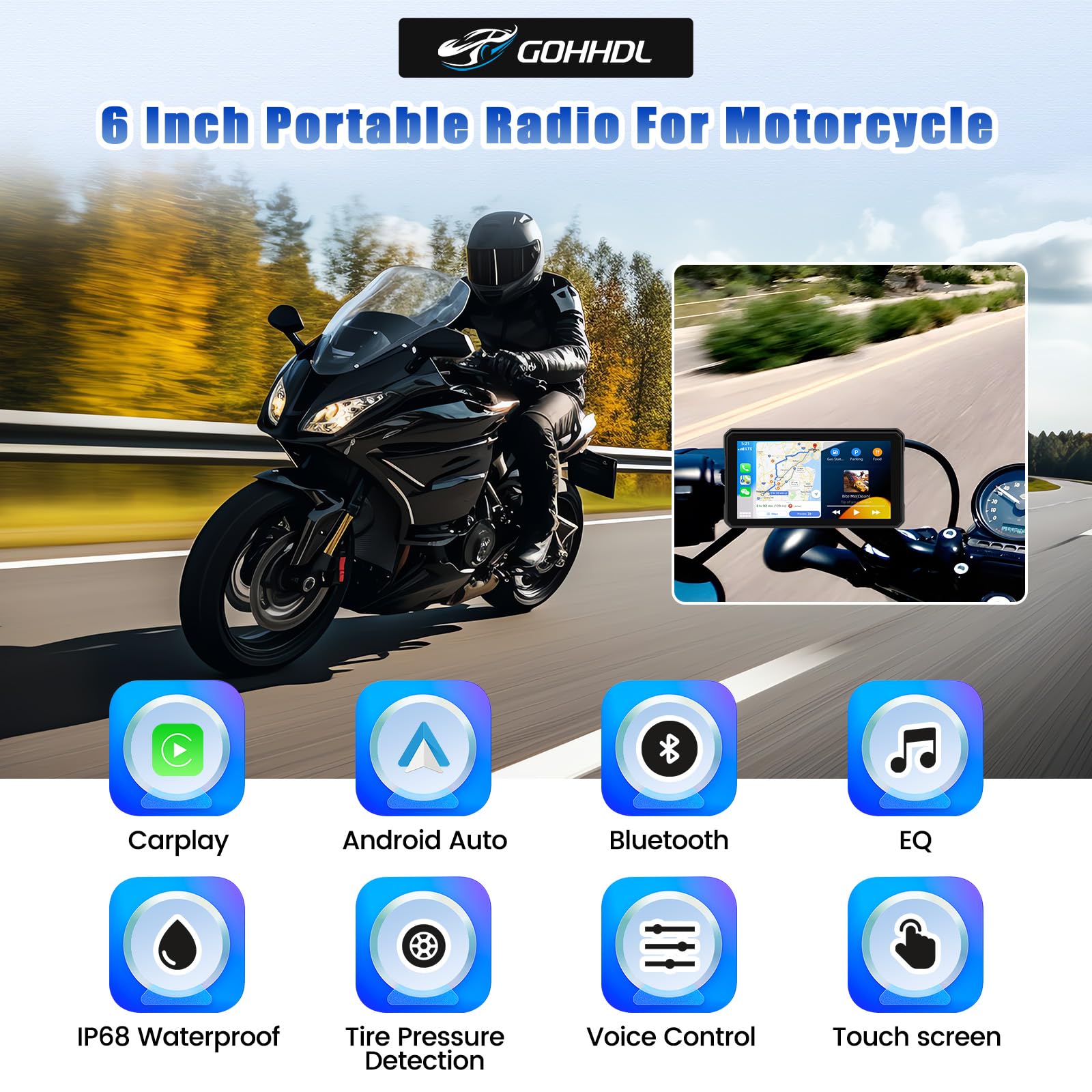 GPS CarPlay Écran pour Moto avec TPMS Système, CarPlay sans Fil Android Auto, Appareil de Navigation pour Moto étanche IP68 6 Pouces avec Bluetooth Mirror Link Siri EQ