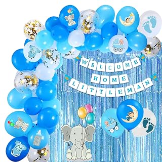 Party Propz Blue Theme Welcome Home Bby Decoration - 54Pcs Combo Baby Boy Welcome Home Decoration Kit, Cutouts for Decoration with Banner, Blue Balloons and Fringe Curtain